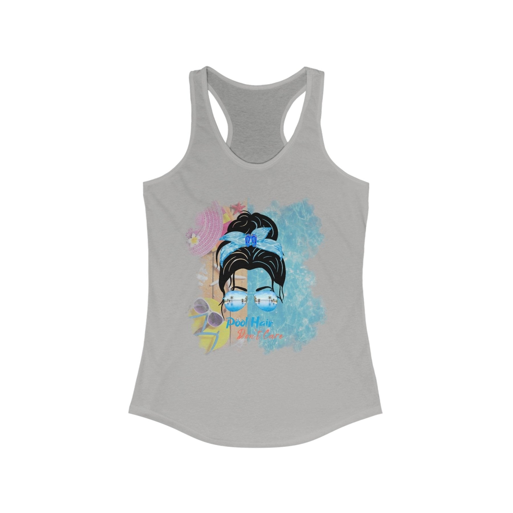 Pool Hair Don't Care, Black Hair Messy Bun, Pool Scene, Women's Ideal Racerback Tank - Janlyn's Crafts