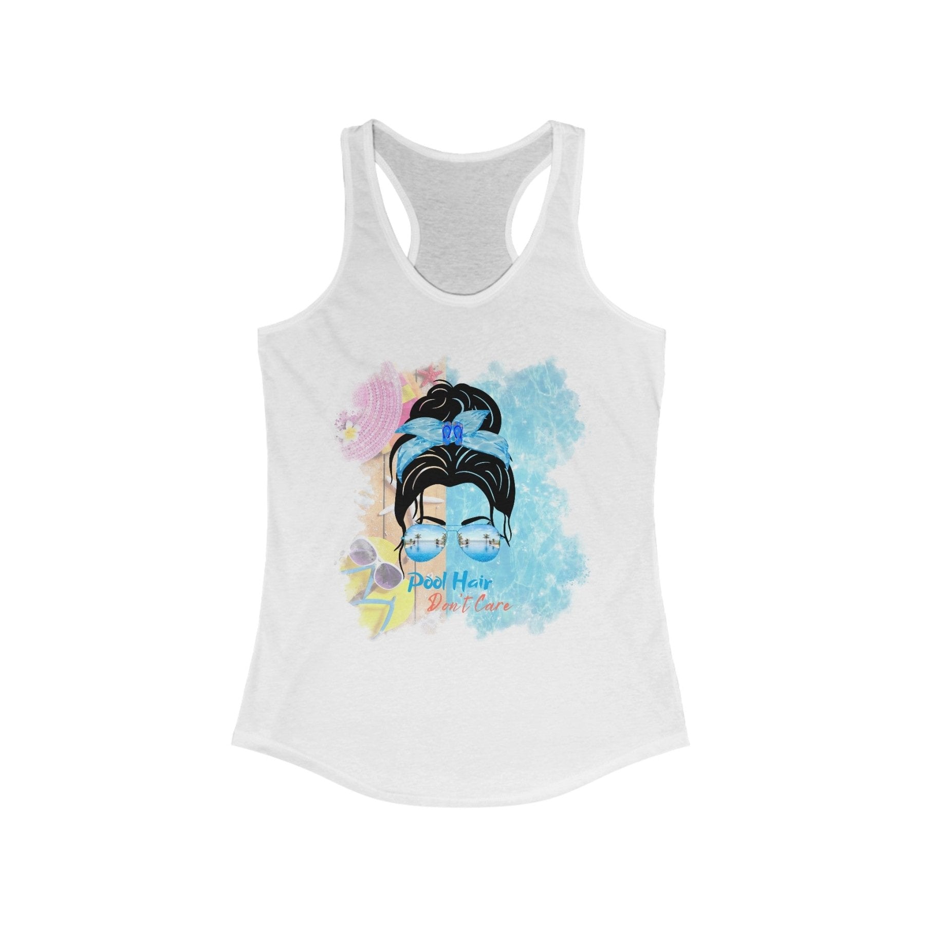 Pool Hair Don't Care, Black Hair Messy Bun, Pool Scene, Women's Ideal Racerback Tank - Janlyn's Crafts