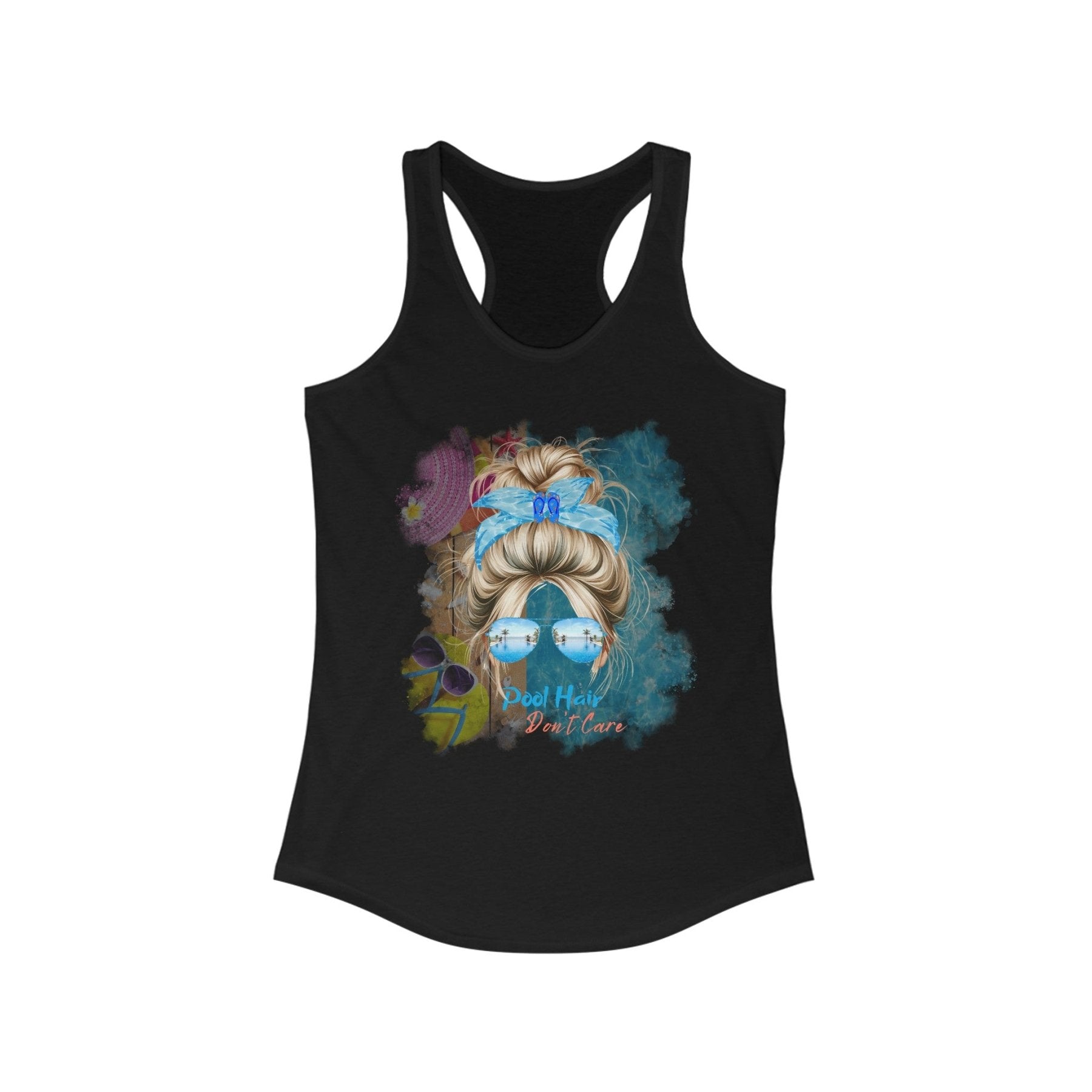 Pool Hair Don't Care, Blond Hair Messy Bun, Pool Scene, Women's Ideal Racerback Tank - Janlyn's Crafts