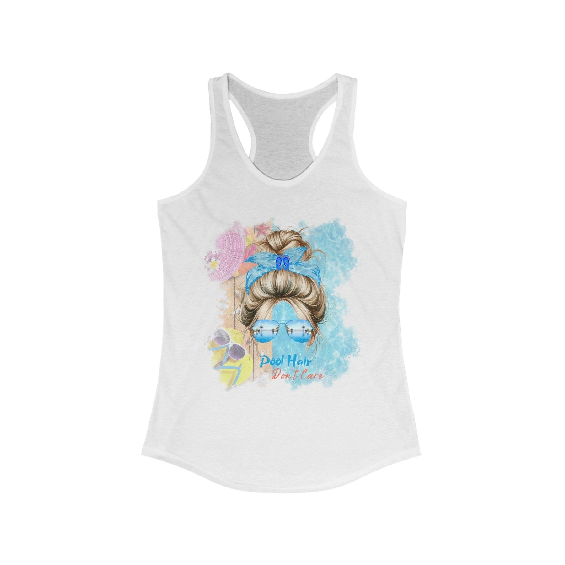 Pool Hair Don't Care, Blond Hair Messy Bun, Pool Scene, Women's Ideal Racerback Tank - Janlyn's Crafts