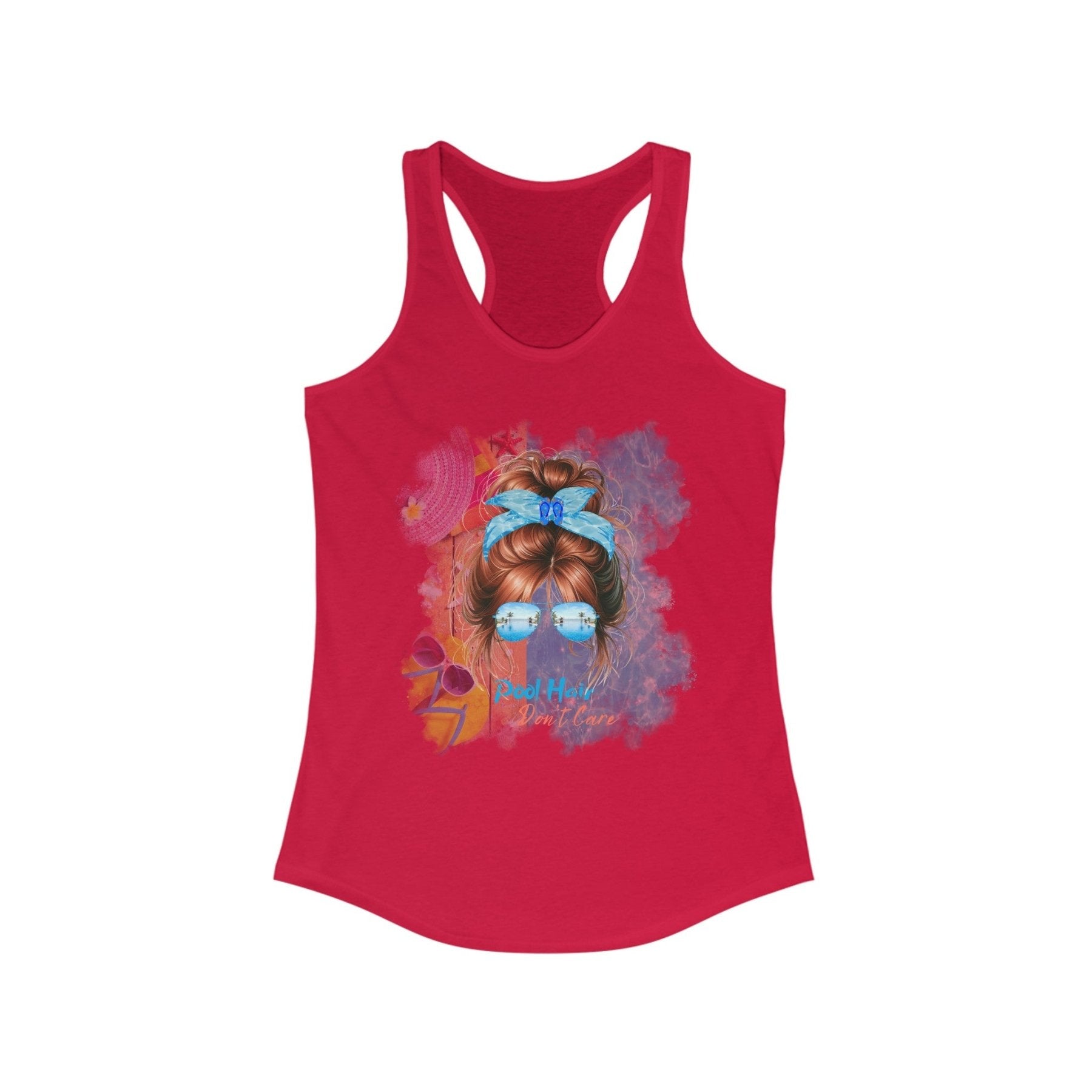 Pool Hair Don't Care, Red Hair Messy Bun, Pool Scene, Women's Ideal Racerback Tank - Janlyn's Crafts