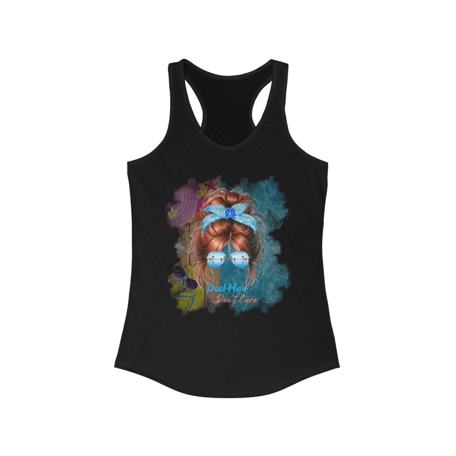 Pool Hair Don't Care, Red Hair Messy Bun, Pool Scene, Women's Ideal Racerback Tank - Janlyn's Crafts