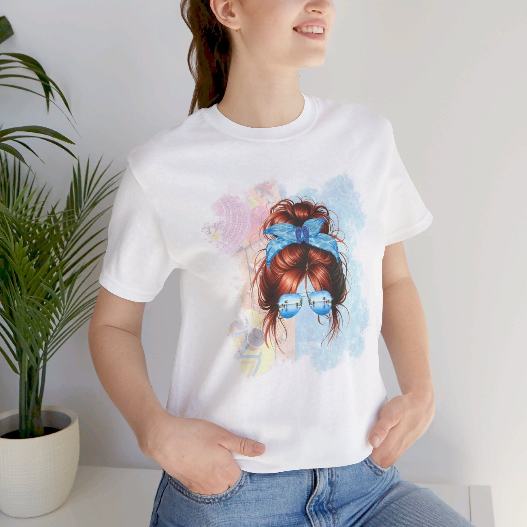 Red Hair Messy Bun, Pool Scene, Unisex Jersey Short Sleeve Tee - Janlyn's Crafts