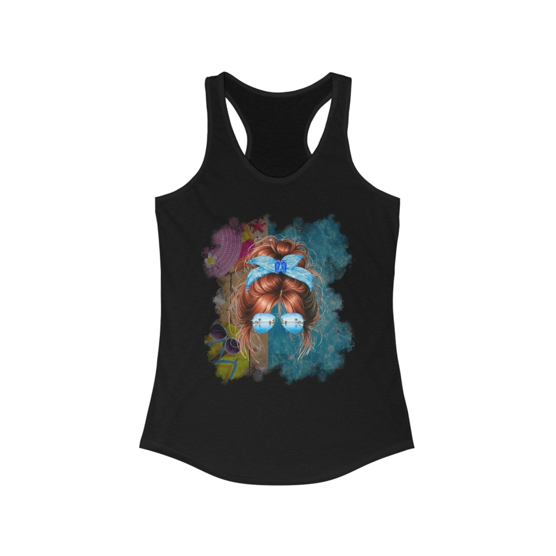 Red Hair Messy Bun, Pool Scene, Women's Ideal Racerback Tank - Janlyn's Crafts