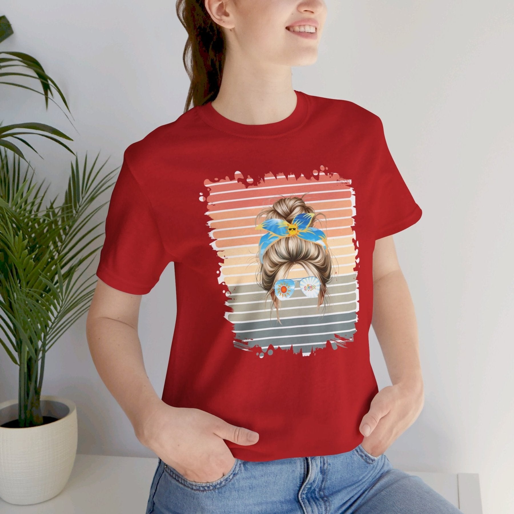 Retro Summer, Blond Hair Messy Bun, Unisex Jersey Short Sleeve Tee - Janlyn's Crafts