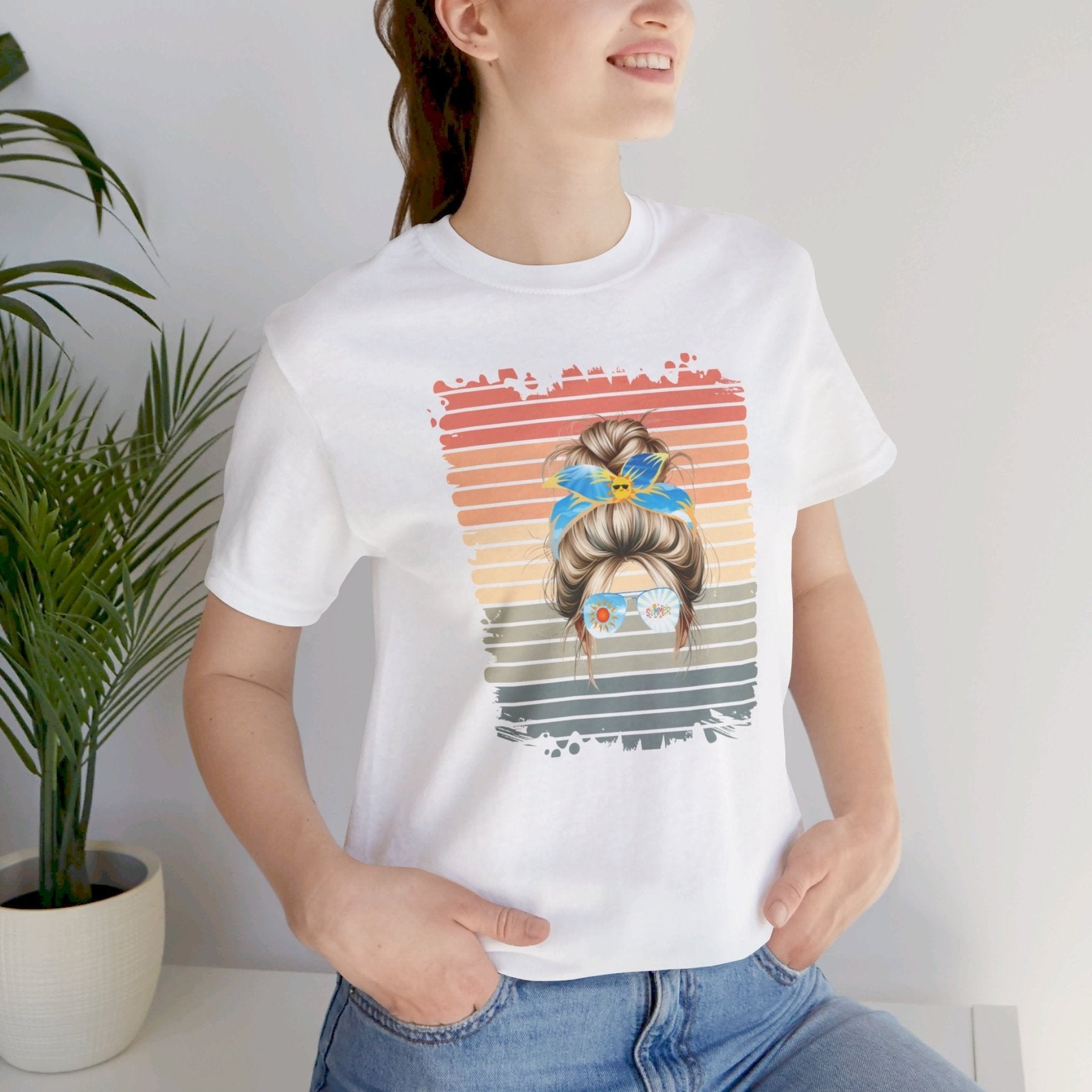 Retro Summer, Blond Hair Messy Bun, Unisex Jersey Short Sleeve Tee - Janlyn's Crafts