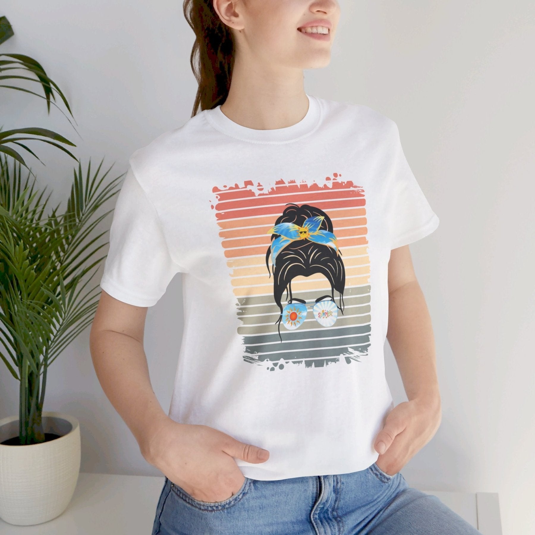 Retro Summer, Dark Hair Messy Bun, Unisex Jersey Short Sleeve Tee - Janlyn's Crafts