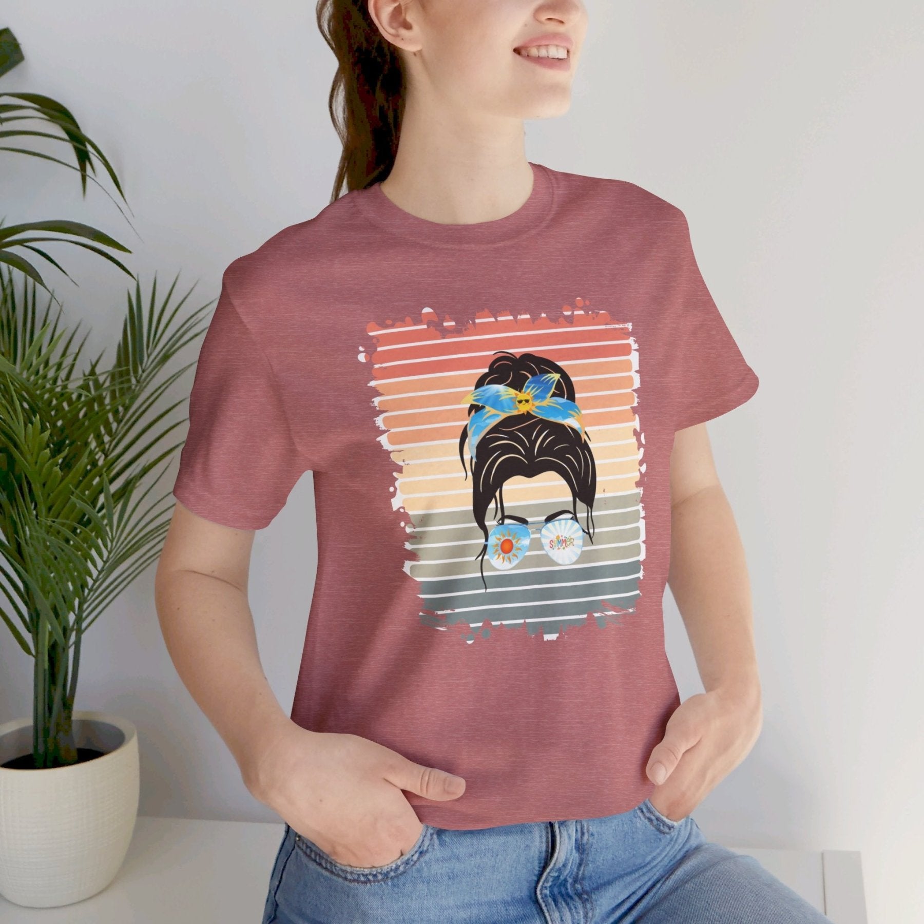 Retro Summer, Dark Hair Messy Bun, Unisex Jersey Short Sleeve Tee - Janlyn's Crafts