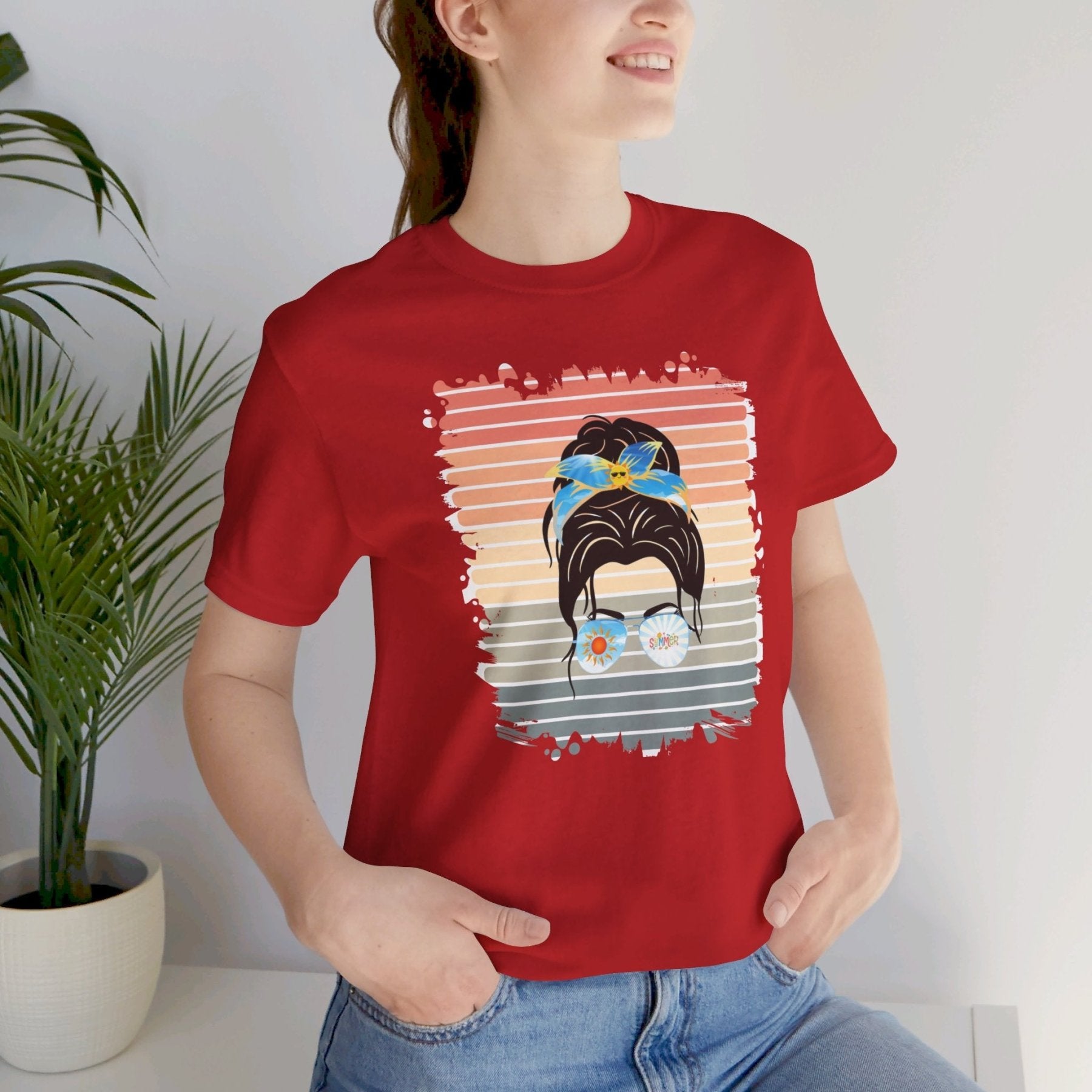 Retro Summer, Dark Hair Messy Bun, Unisex Jersey Short Sleeve Tee - Janlyn's Crafts