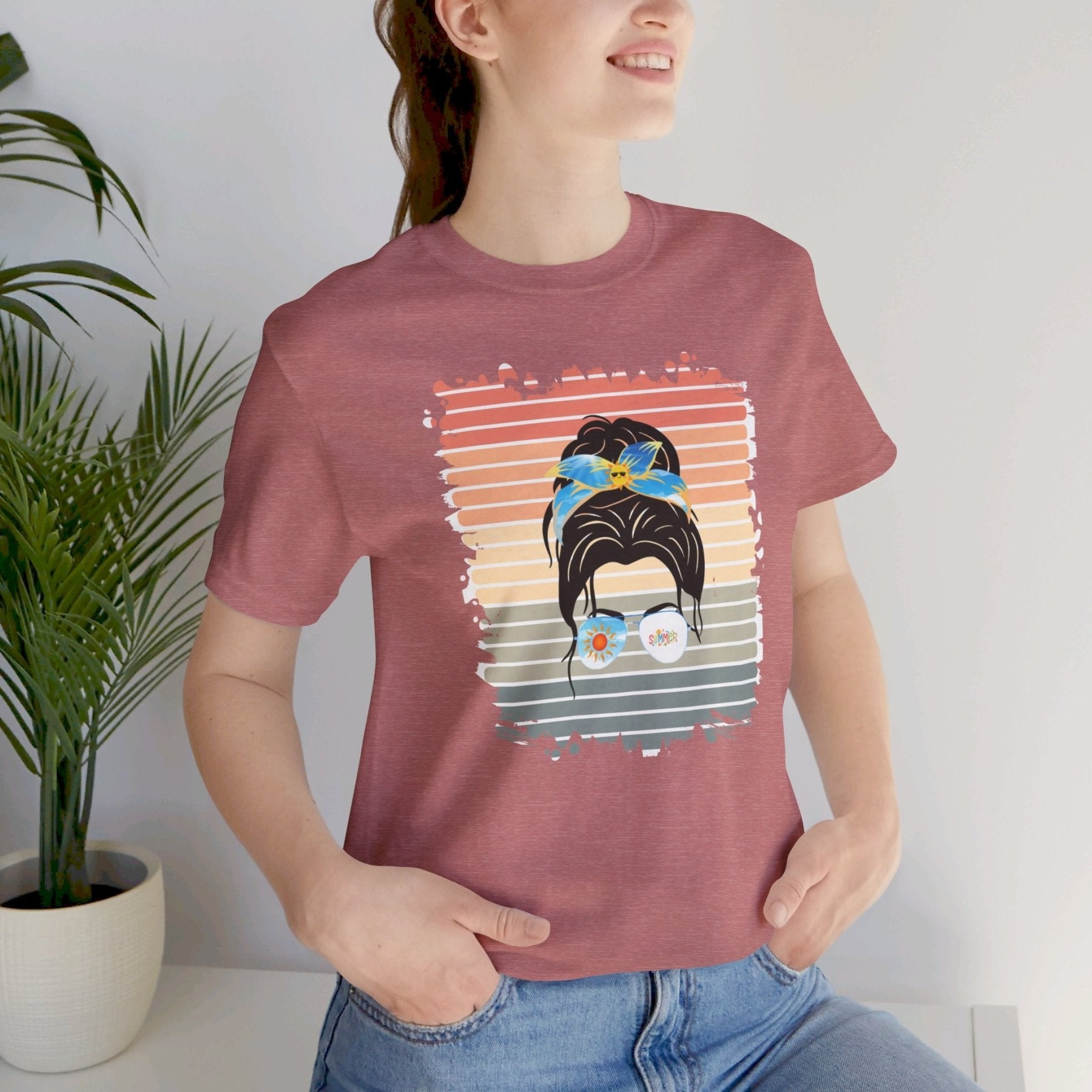 Retro Summer, Dark Hair Messy Bun, Unisex Jersey Short Sleeve Tee - Janlyn's Crafts