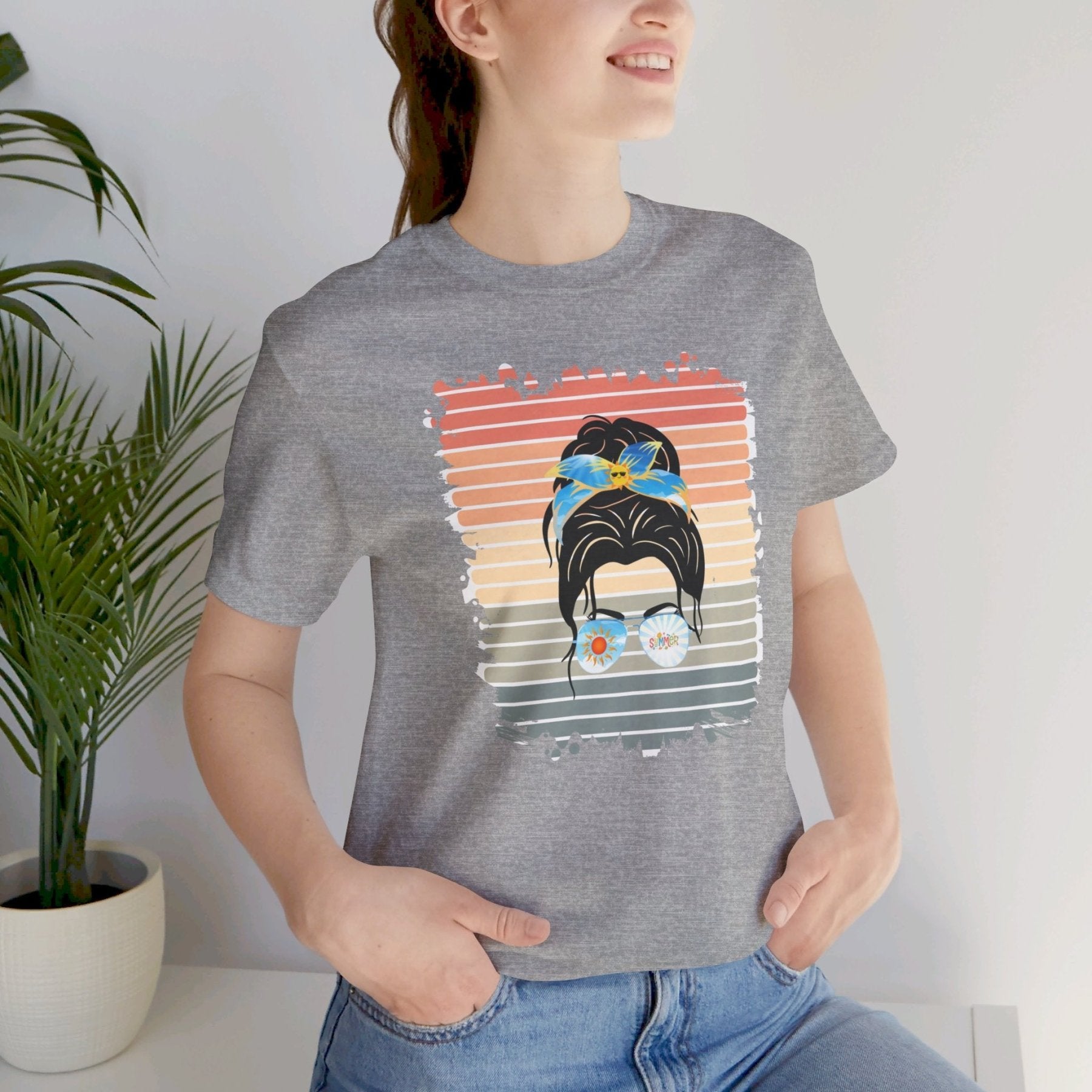 Retro Summer, Dark Hair Messy Bun, Unisex Jersey Short Sleeve Tee - Janlyn's Crafts