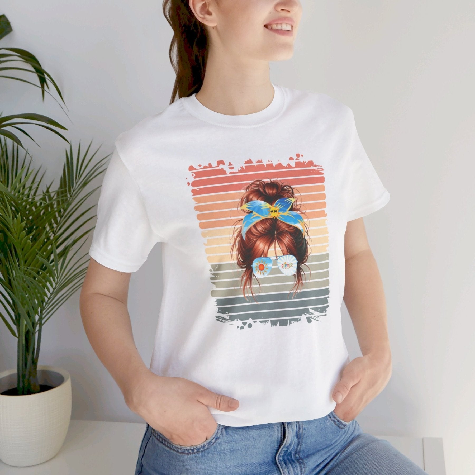 Retro Summer, Red Hair Messy Bun, Unisex Jersey Short Sleeve Tee - Janlyn's Crafts