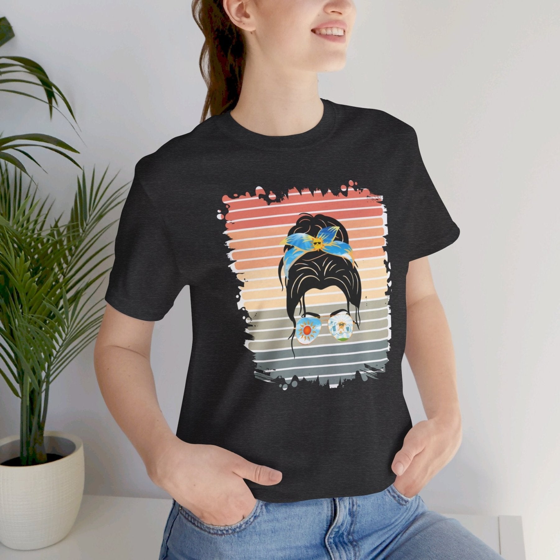 Retro Sun, Dark Hair Messy Bun, Unisex Jersey Short Sleeve Tee - Janlyn's Crafts