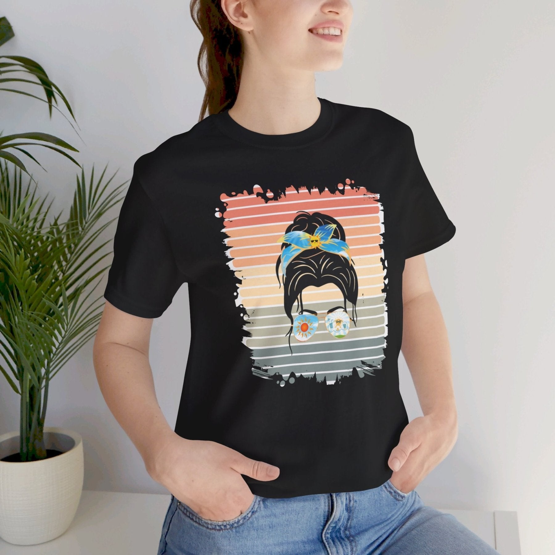 Retro Sun, Dark Hair Messy Bun, Unisex Jersey Short Sleeve Tee - Janlyn's Crafts