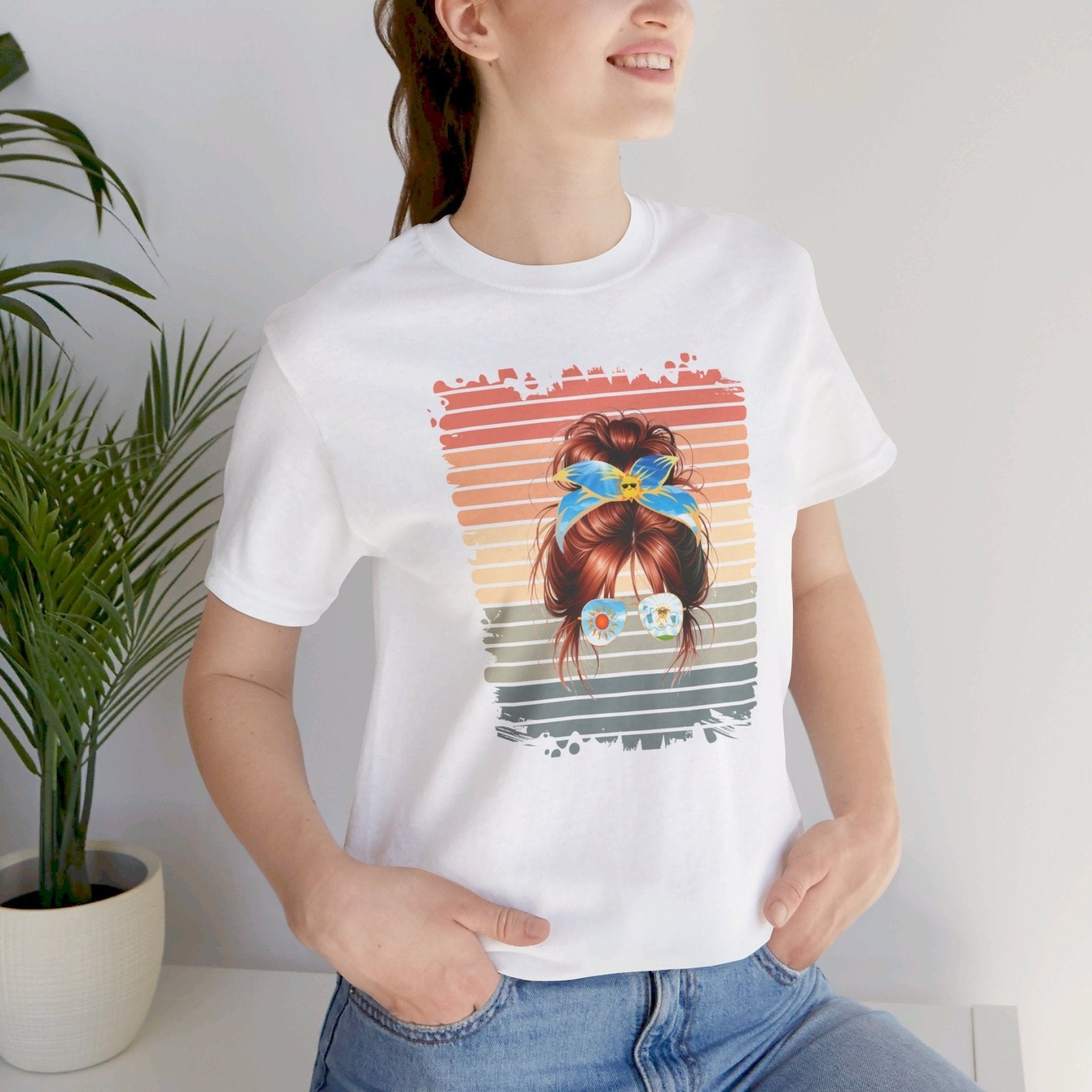 Retro Sun, Red Hair Messy Bun, Unisex Jersey Short Sleeve Tee - Janlyn's Crafts