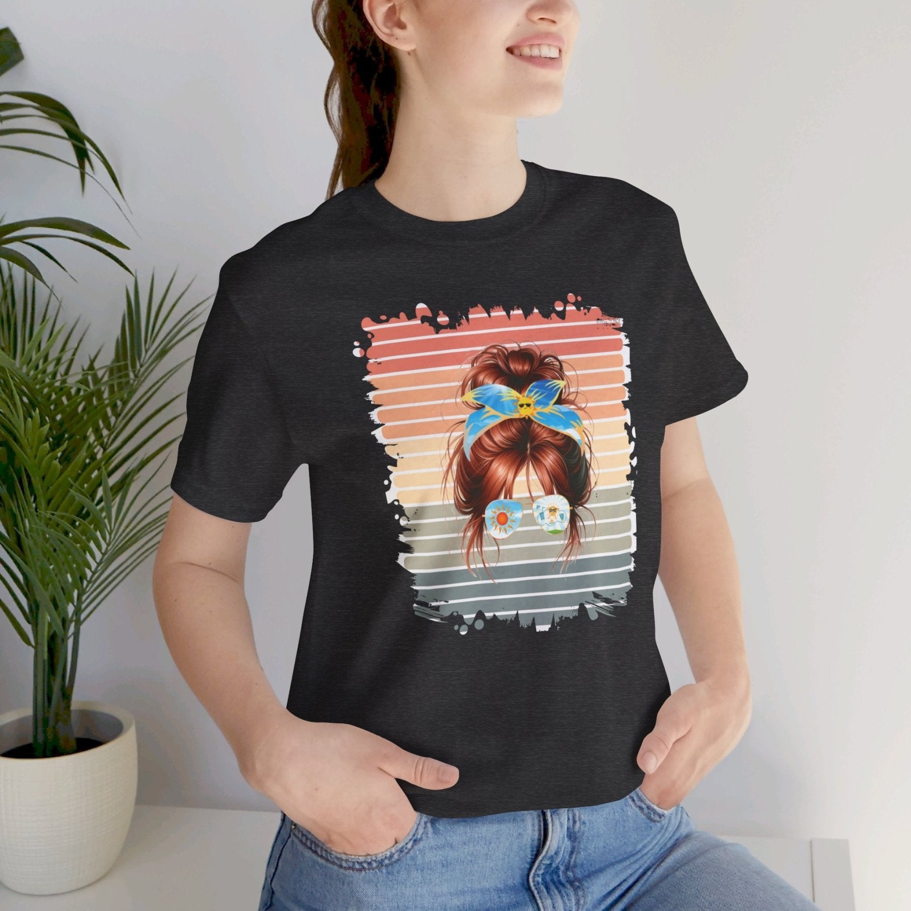 Retro Sun, Red Hair Messy Bun, Unisex Jersey Short Sleeve Tee - Janlyn's Crafts