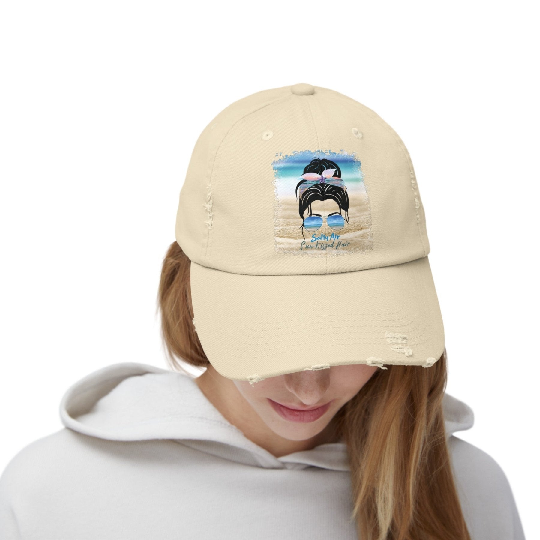 Salty Air Sun - Kissed Hair, Black Hair Messy Bun, Unisex Distressed Cap - Janlyn's Crafts