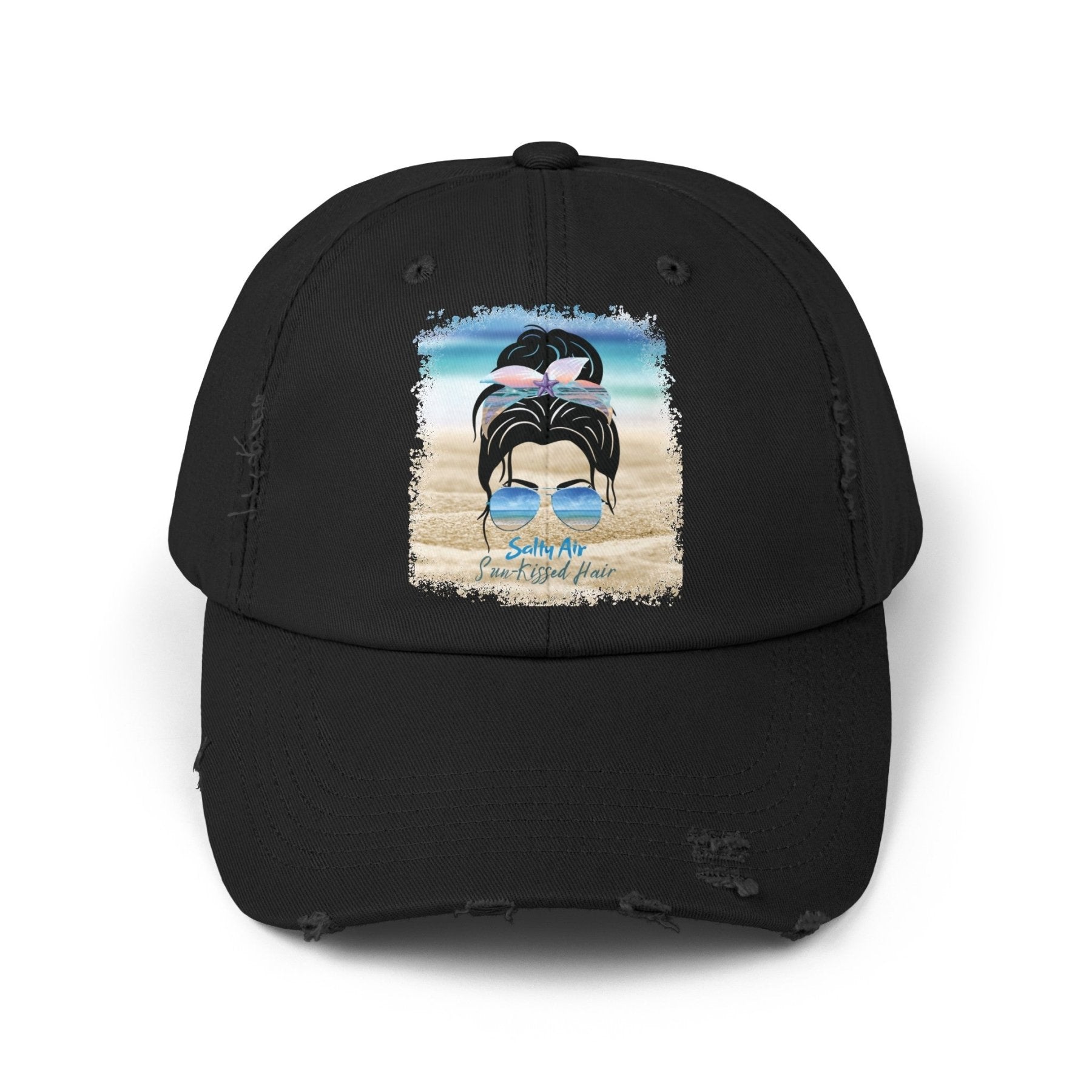 Salty Air Sun - Kissed Hair, Black Hair Messy Bun, Unisex Distressed Cap - Janlyn's Crafts