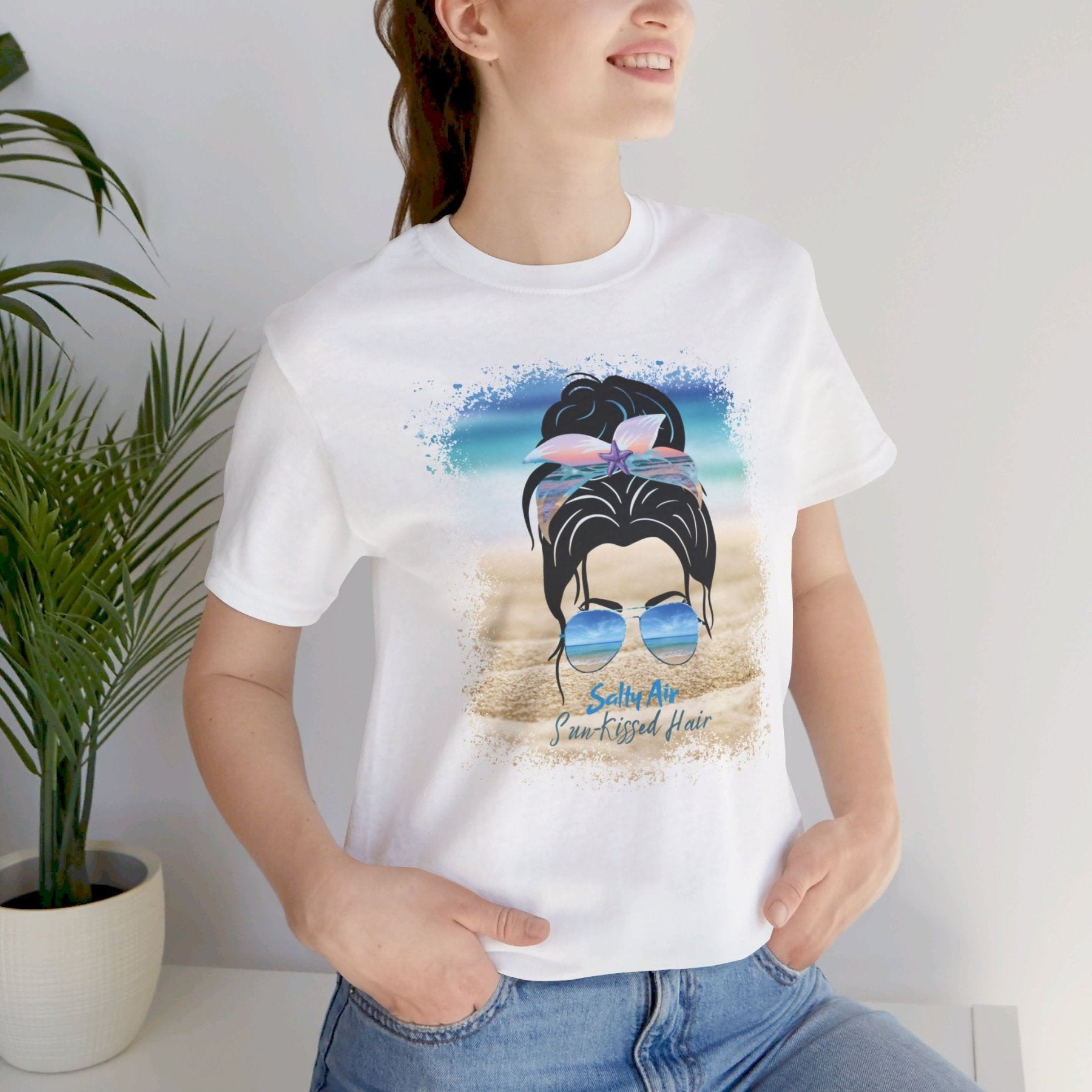 Salty Air Sun - Kissed Hair, Black Hair Messy Bun, Unisex Jersey Short Sleeve Tee - Janlyn's Crafts