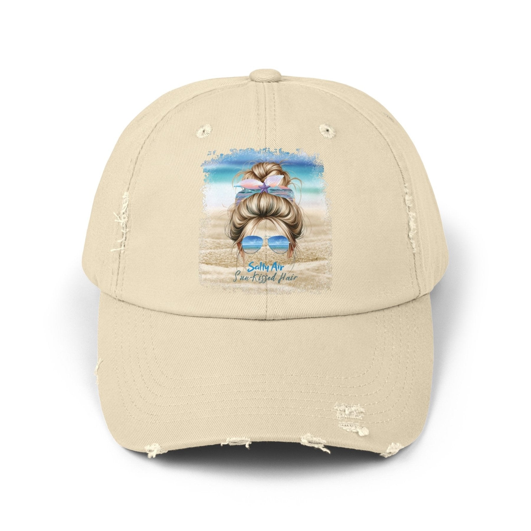 Salty Air Sun - Kissed Hair, Blond Hair Messy Bun, Unisex Distressed Cap - Janlyn's Crafts