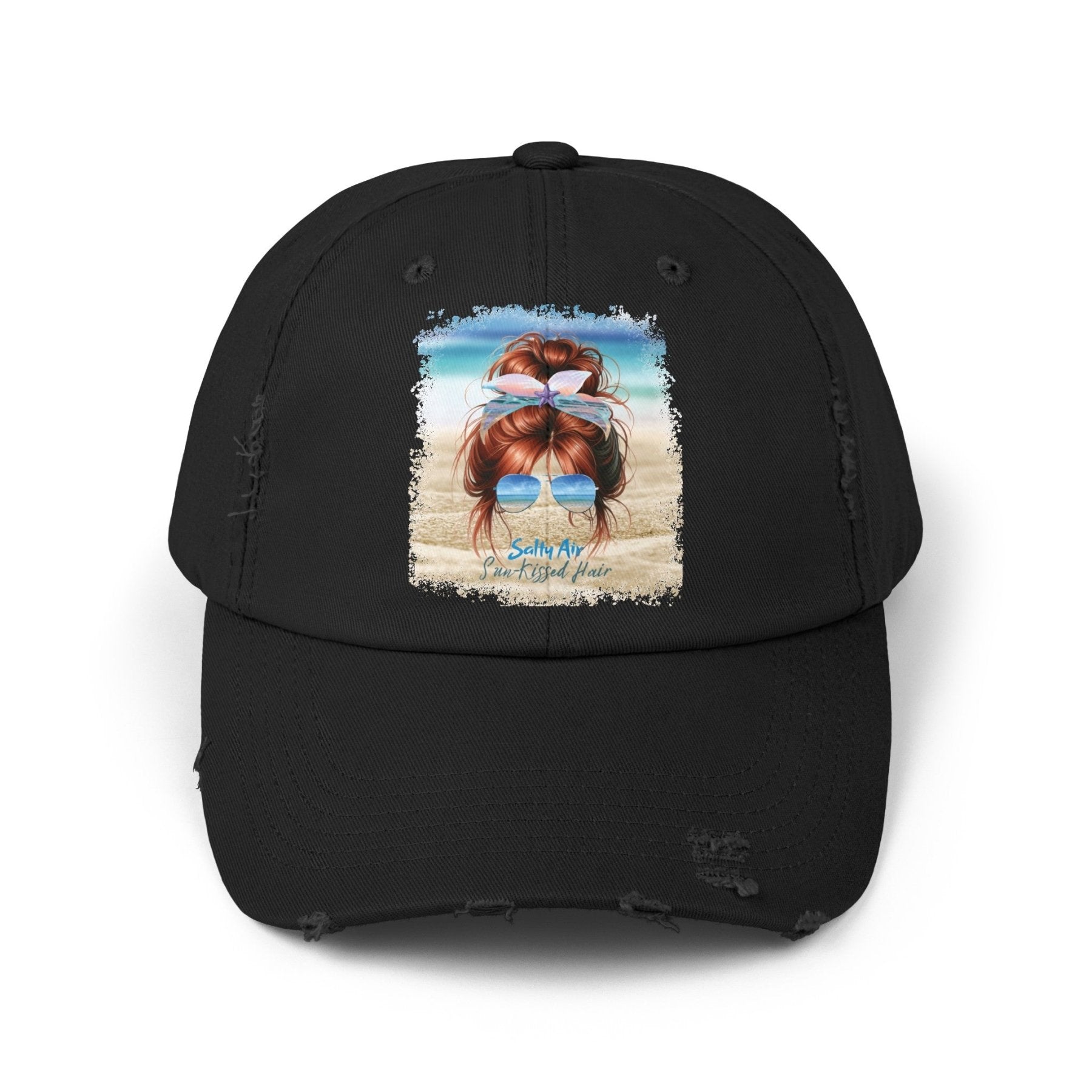 Salty Air Sun - Kissed Hair, Red Hair Messy Bun, Unisex Distressed Cap - Janlyn's Crafts