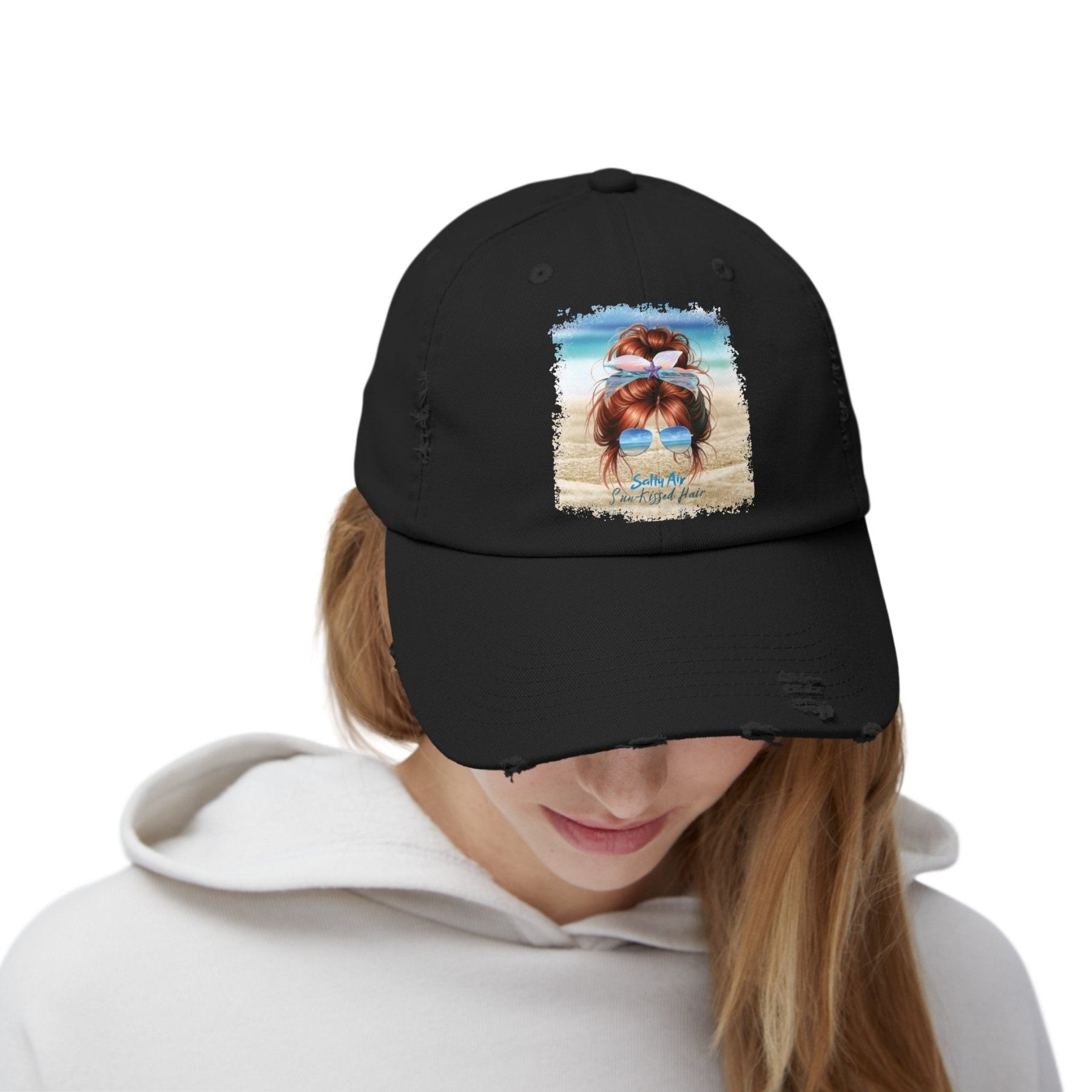 Salty Air Sun - Kissed Hair, Red Hair Messy Bun, Unisex Distressed Cap - Janlyn's Crafts