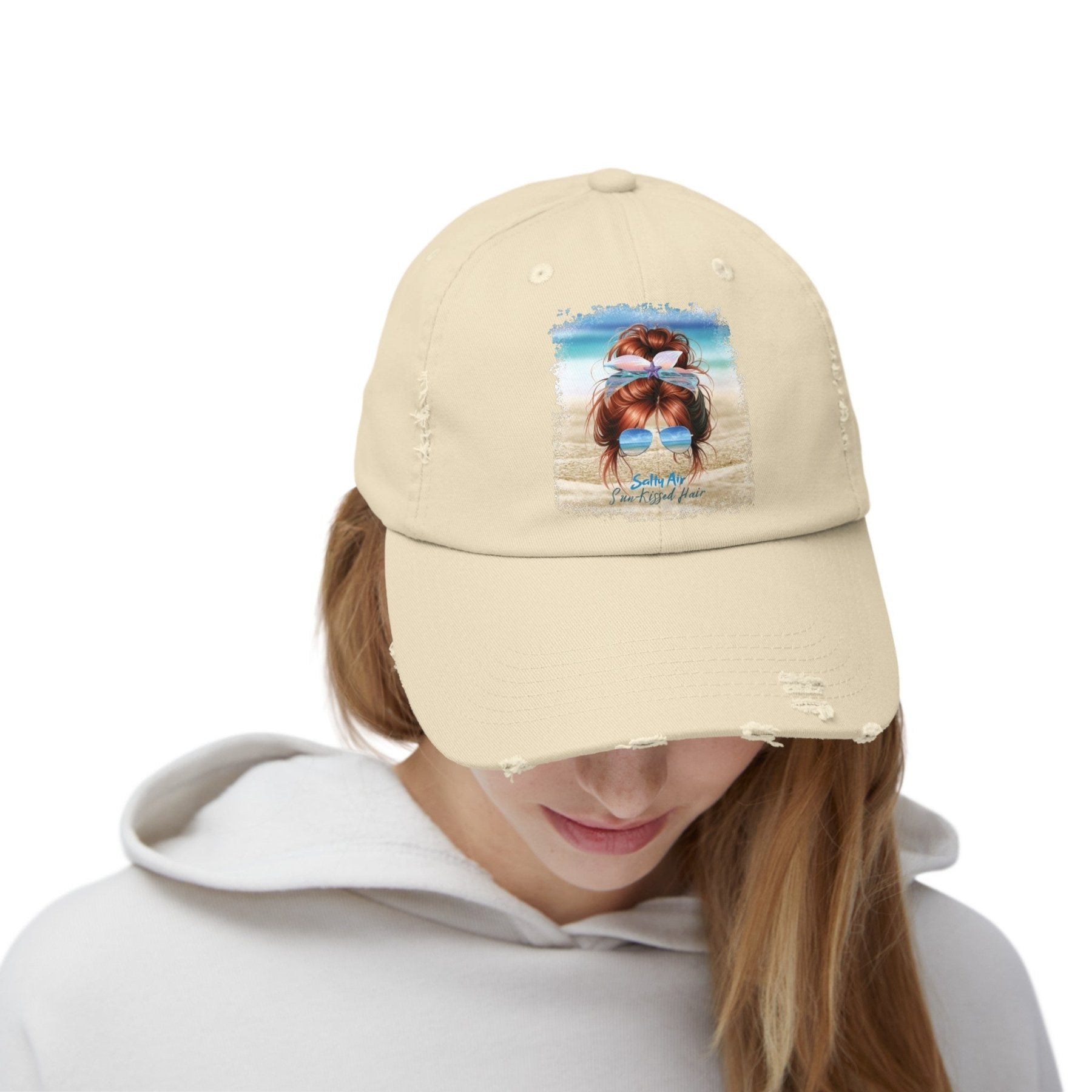 Salty Air Sun - Kissed Hair, Red Hair Messy Bun, Unisex Distressed Cap - Janlyn's Crafts