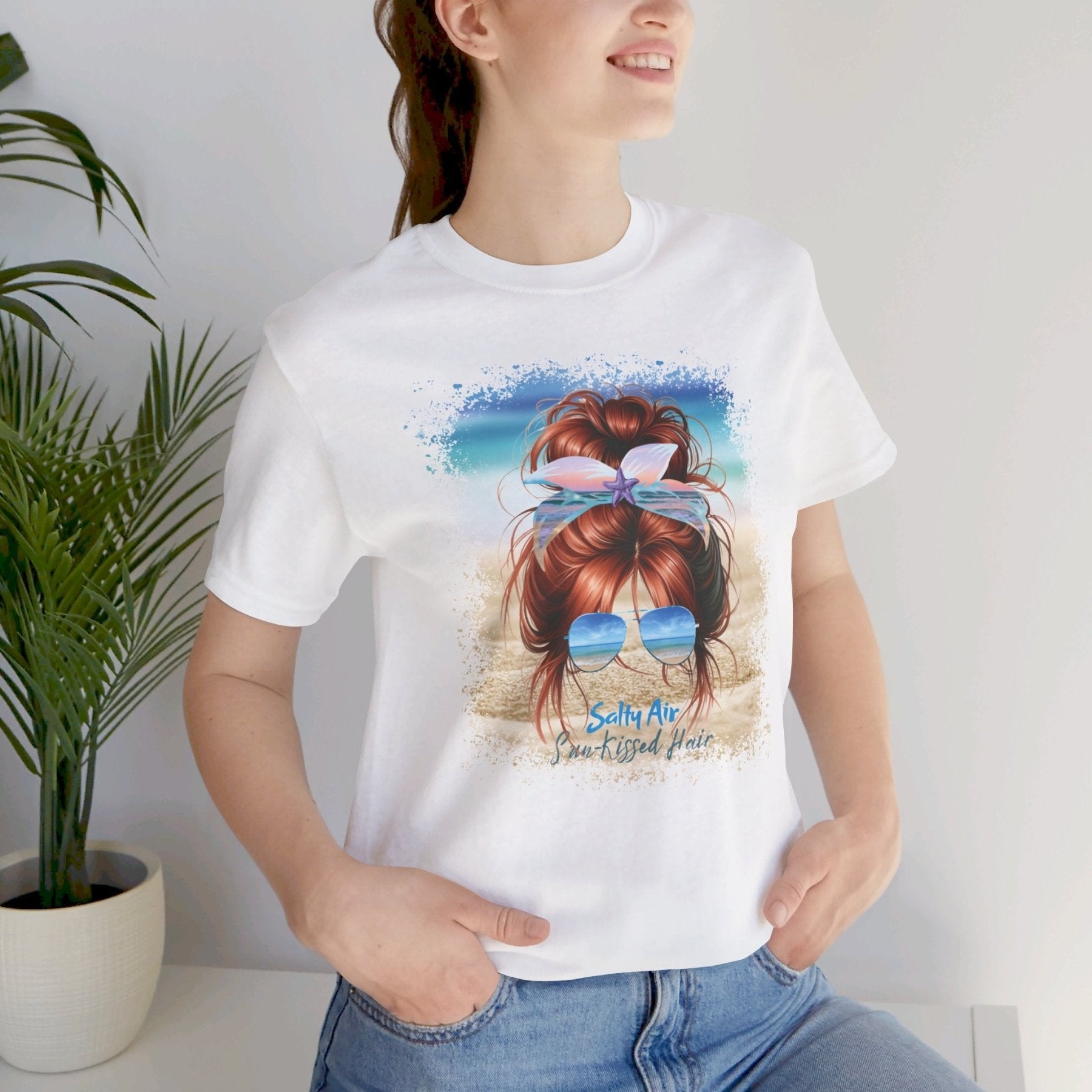 Salty Air Sun - Kissed Hair, Red Hair Messy Bun, Unisex Jersey Short Sleeve Tee - Janlyn's Crafts