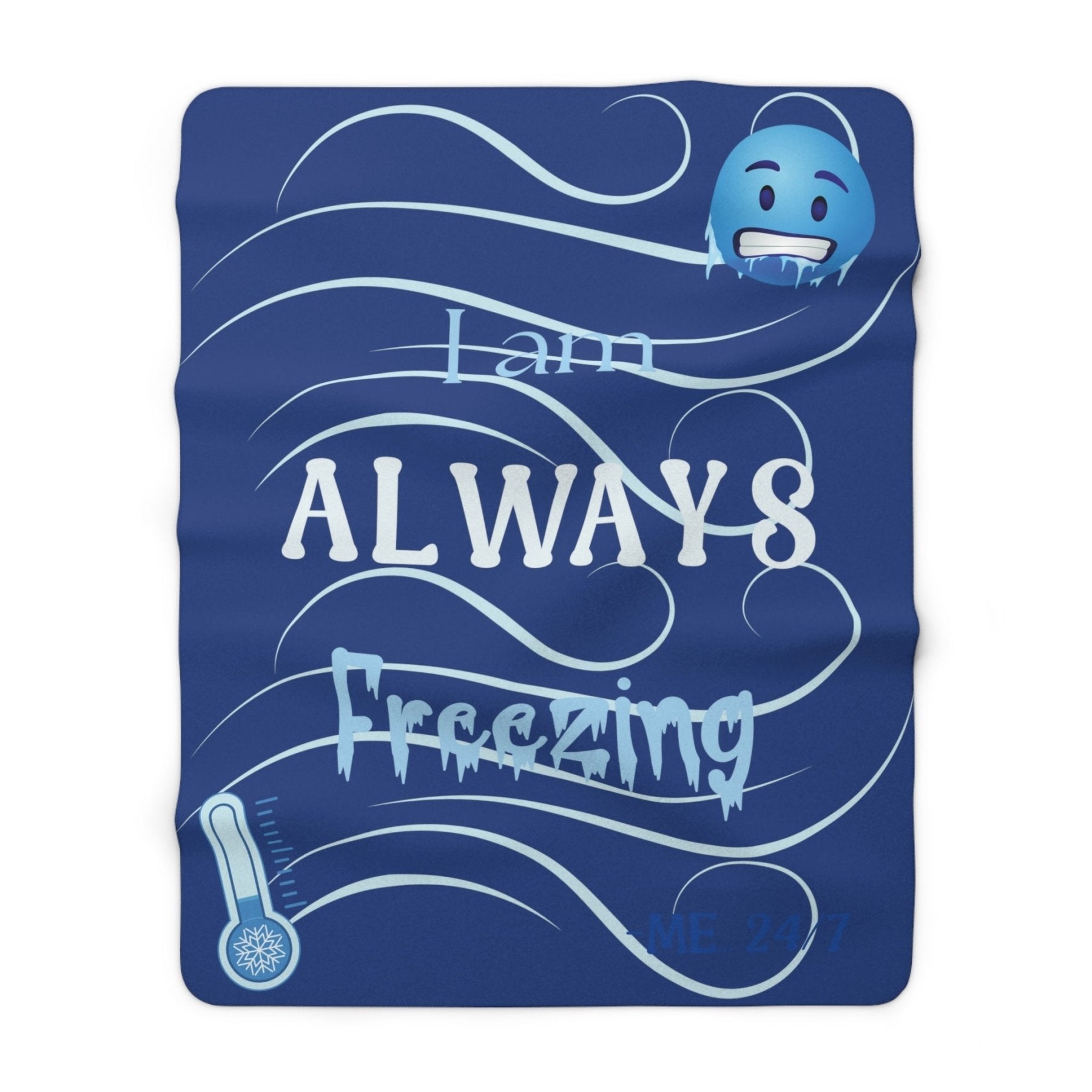 Dark Blue Fleece Blanket Throw with text I am ALWAYS Freezing and a Thermometer | Janlyn's Crafts