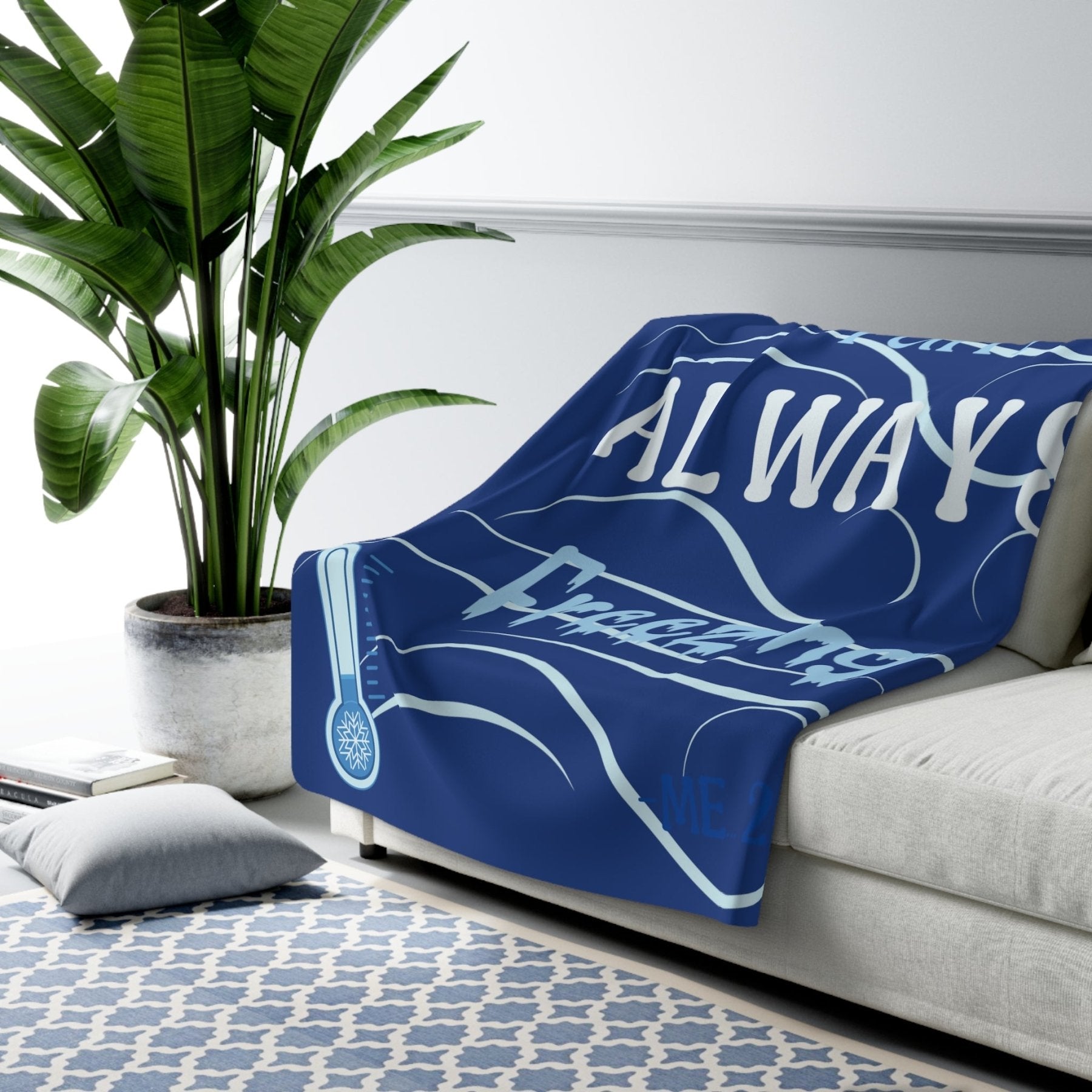 Dark Blue Fleece Blanket Throw with text I am ALWAYS Freezing and a Thermometer Mockup | Janlyn's Crafts