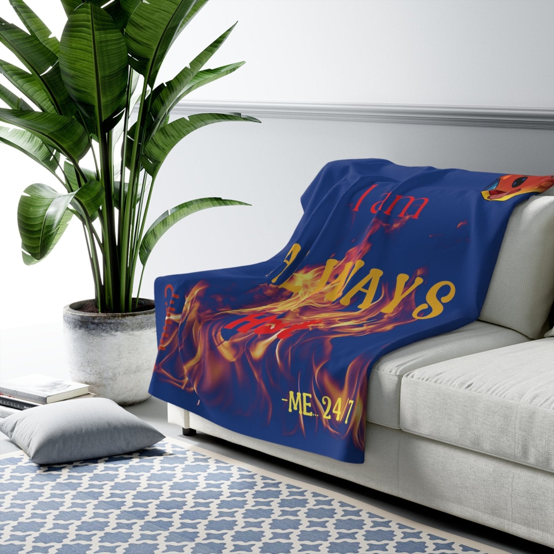 Dark Blue Fleece Blanket Throw with text I am ALWAYS Hot Mockup | Janlyn's Crafts