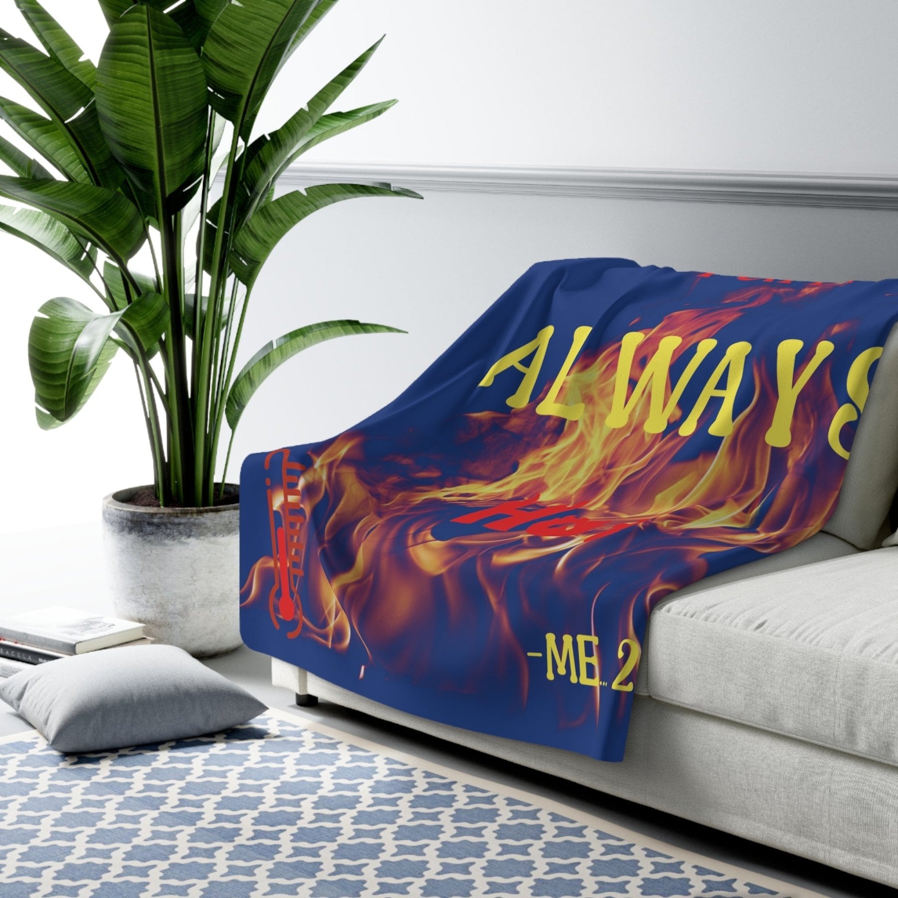 Dark Blue Fleece Blanket Throw with text I am ALWAYS Hot Mockup | Janlyn's Crafts