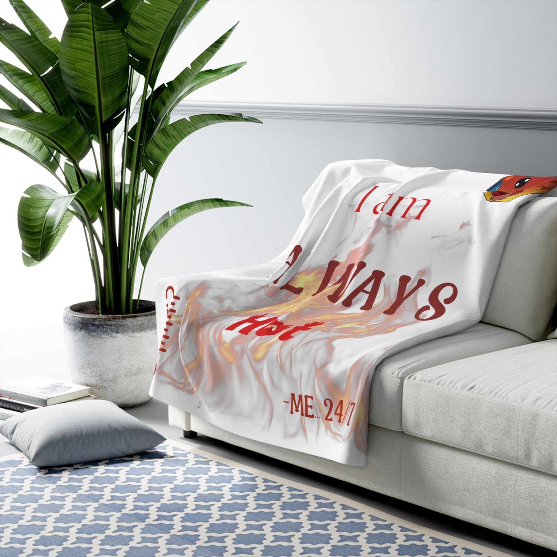 White Fleece Blanket Throw with text I am ALWAYS Hot Mockup | Janlyn's Crafts