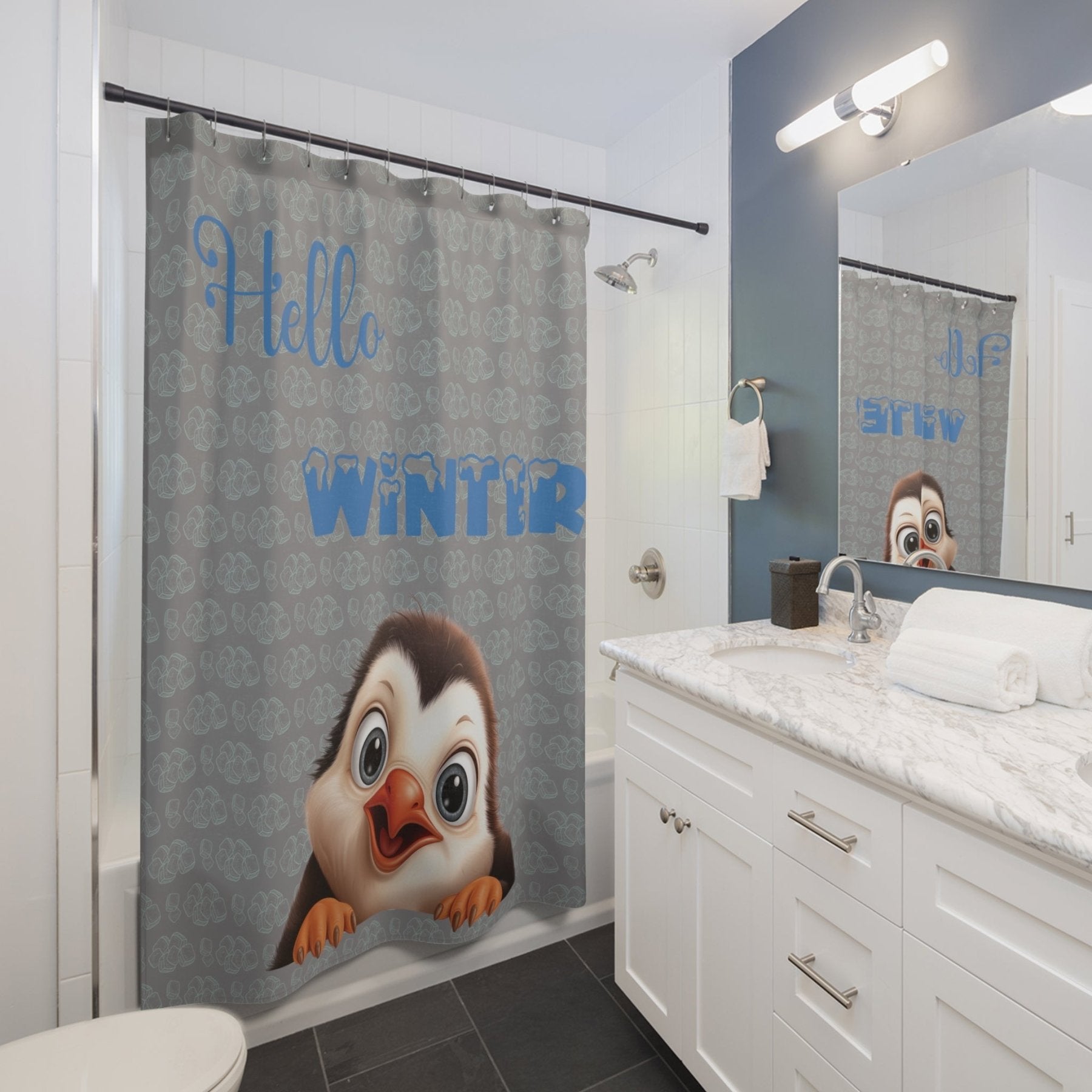 Shower Curtain, Penguin, Winter, Hello Winter, Gray - Janlyn's Crafts