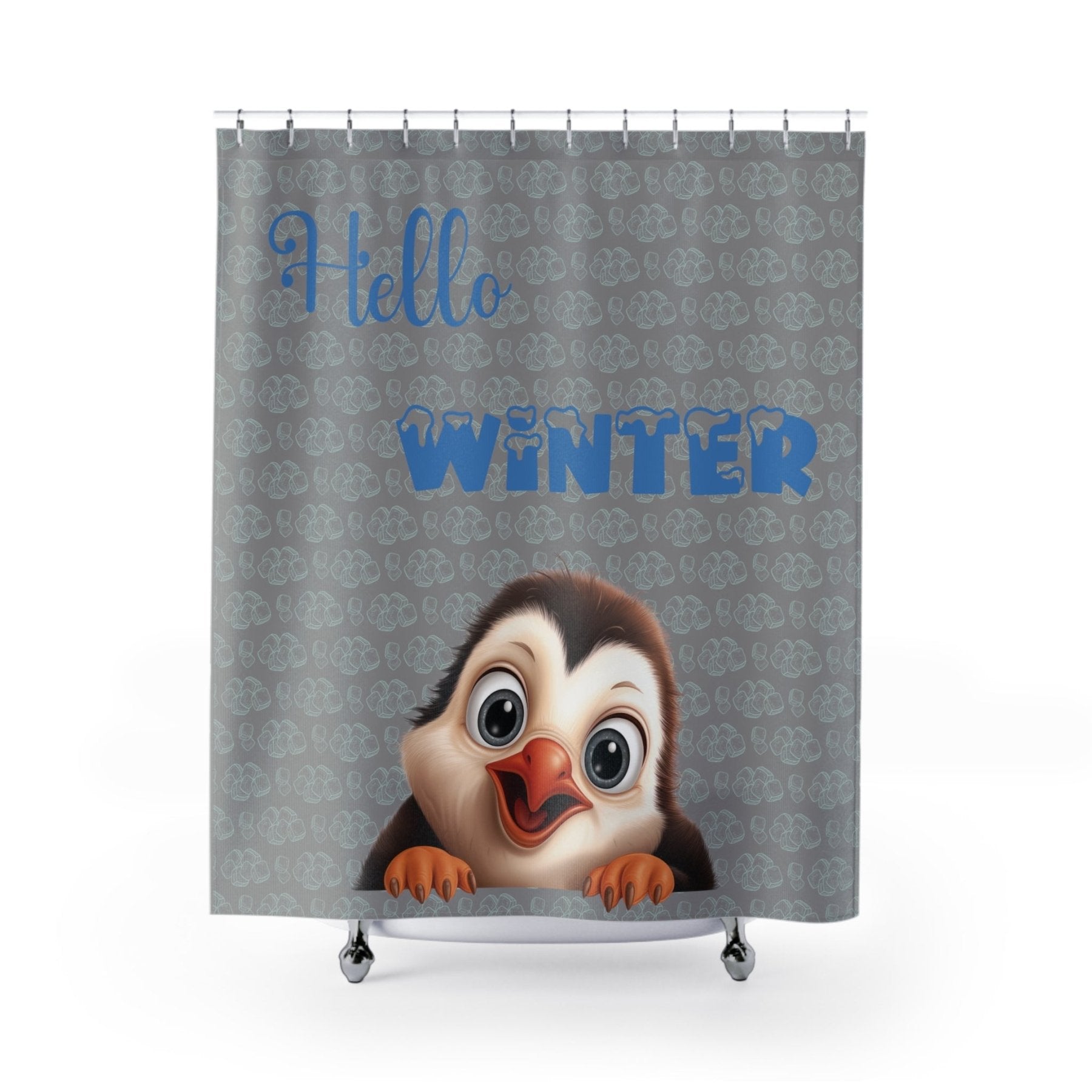 Shower Curtain, Penguin, Winter, Hello Winter, Gray - Janlyn's Crafts