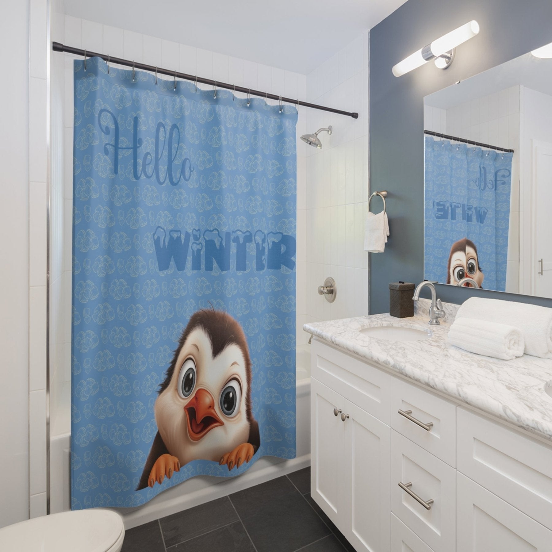 Shower Curtain, Penguin, Winter, Hello Winter, Light Blue - Janlyn's Crafts