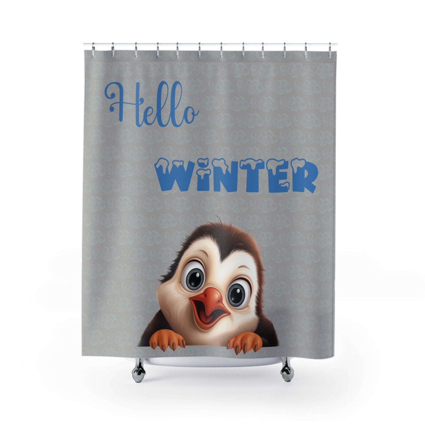 Shower Curtain, Penguin, Winter, Hello Winter, Light Gray - Janlyn's Crafts