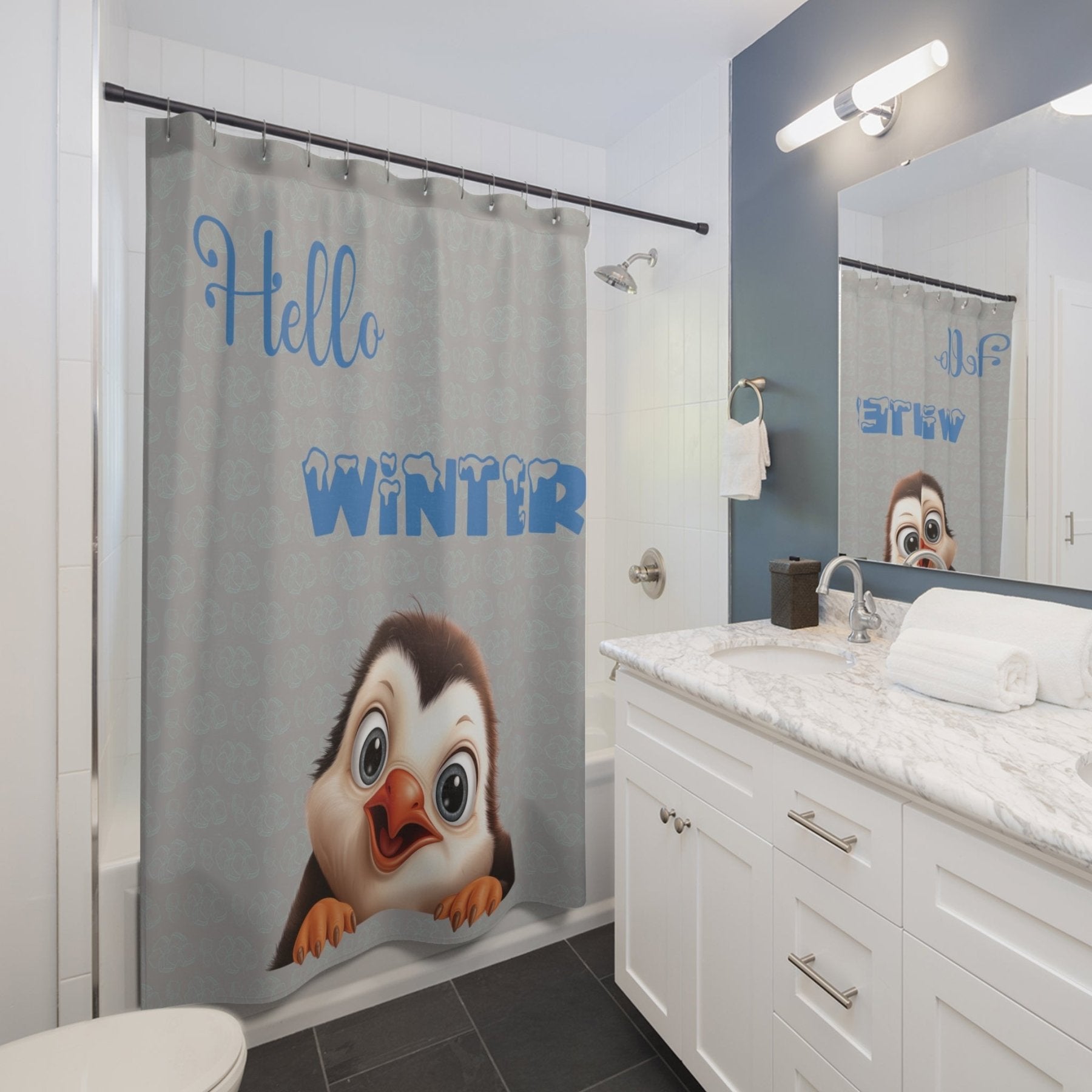 Shower Curtain, Penguin, Winter, Hello Winter, Light Gray - Janlyn's Crafts