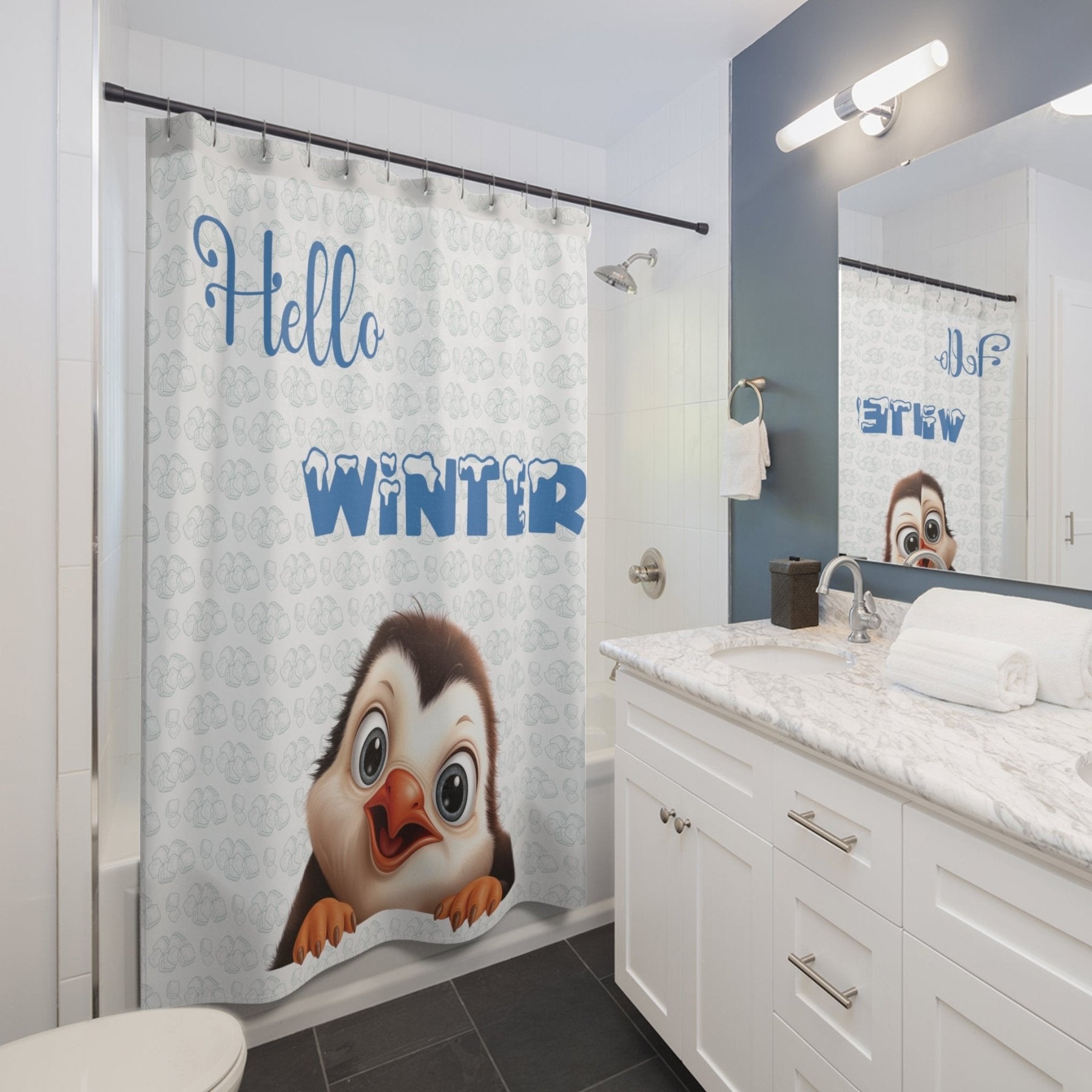 Shower Curtain, Penguin, Winter, Hello Winter, White - Janlyn's Crafts