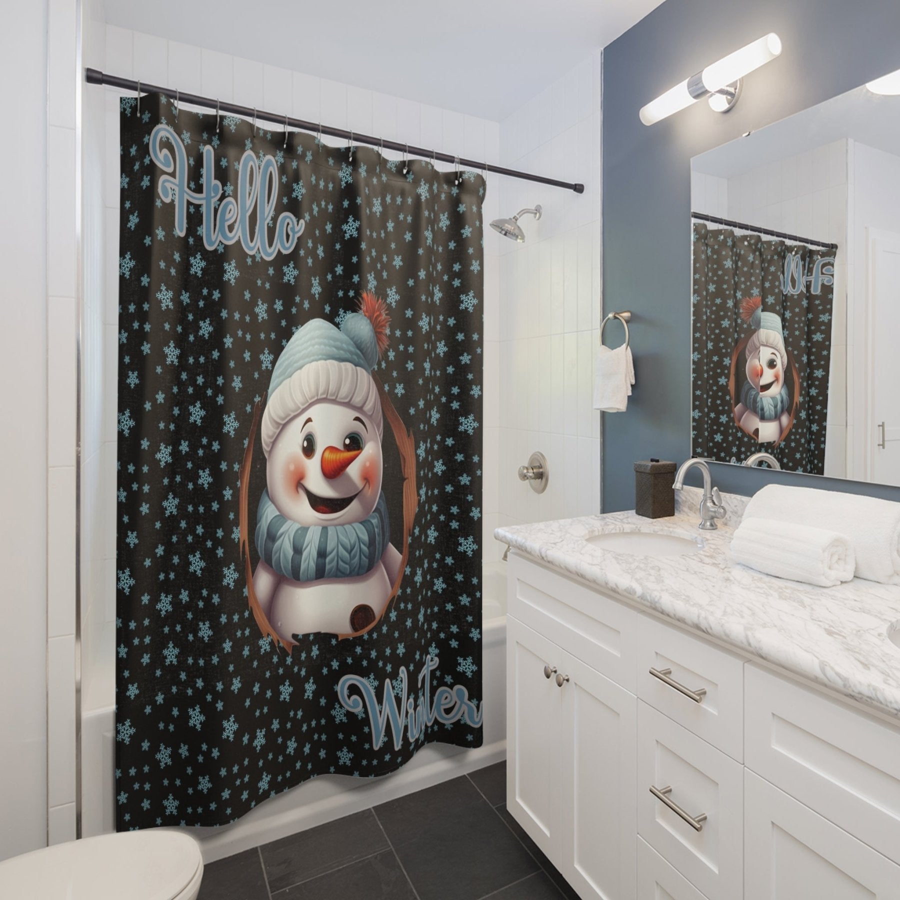 Shower Curtain, Snowman, Winter, Hello Winter, Black, Snowman 1 - Janlyn's Crafts