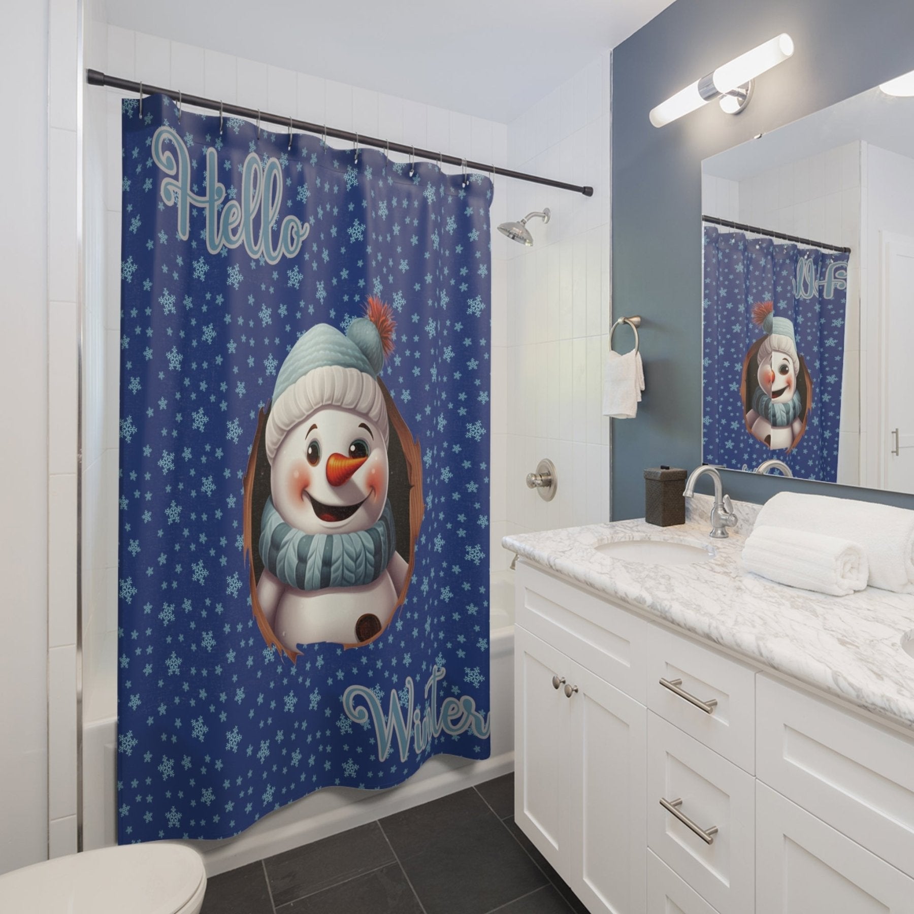 Shower Curtain, Snowman, Winter, Hello Winter, Dark Blue, Snowman 1 - Janlyn's Crafts