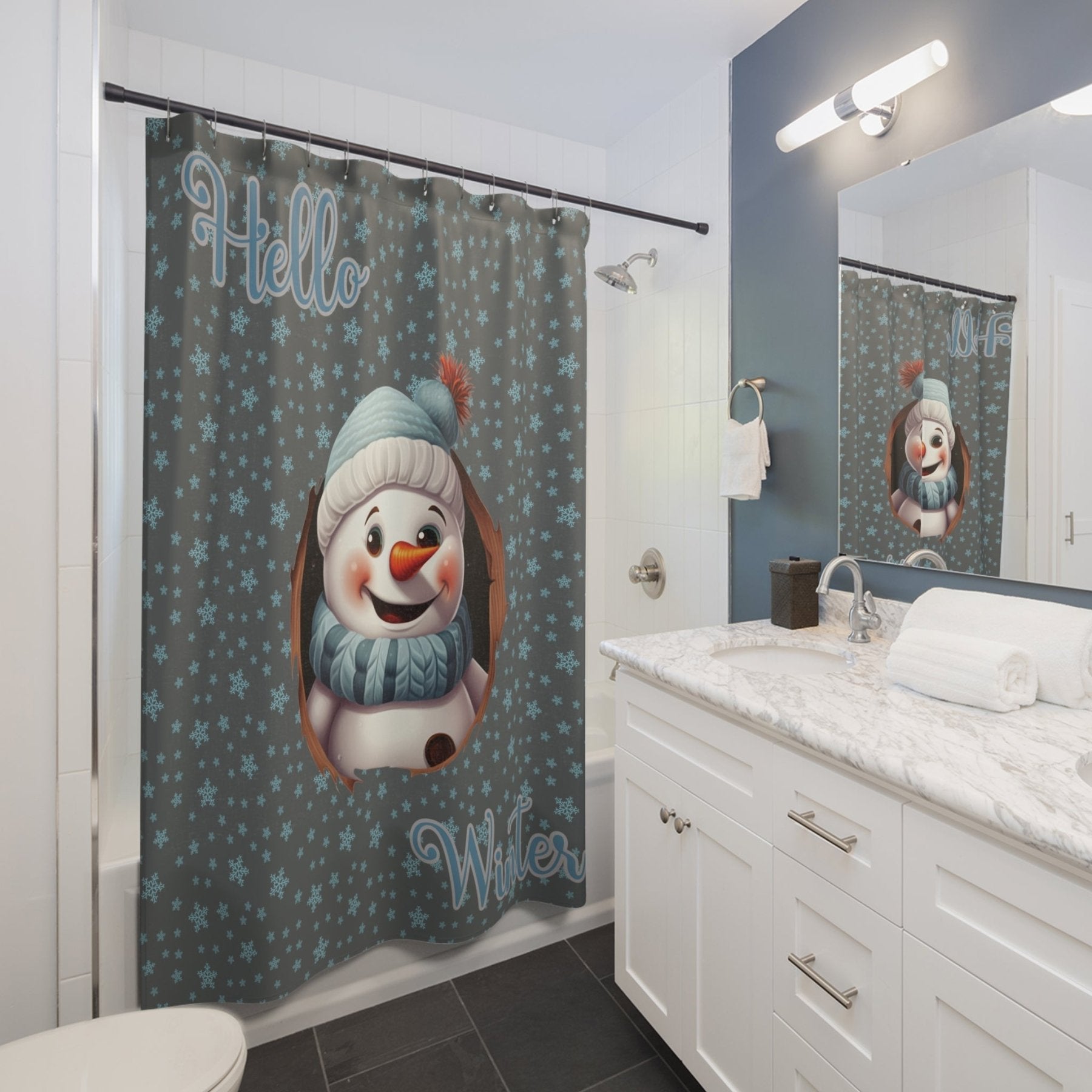 Shower Curtain, Snowman, Winter, Hello Winter, Dark Gray, Snowman 1 - Janlyn's Crafts