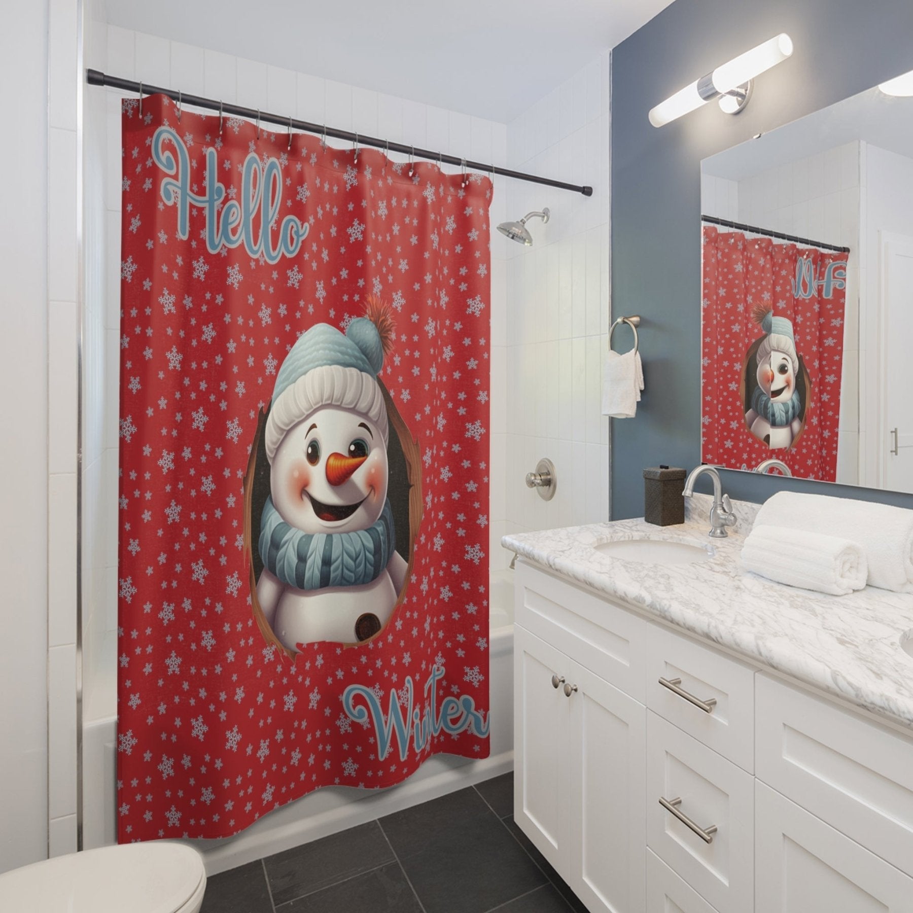 Shower Curtain, Snowman, Winter, Hello Winter, Dark Red, Snowman 1 - Janlyn's Crafts