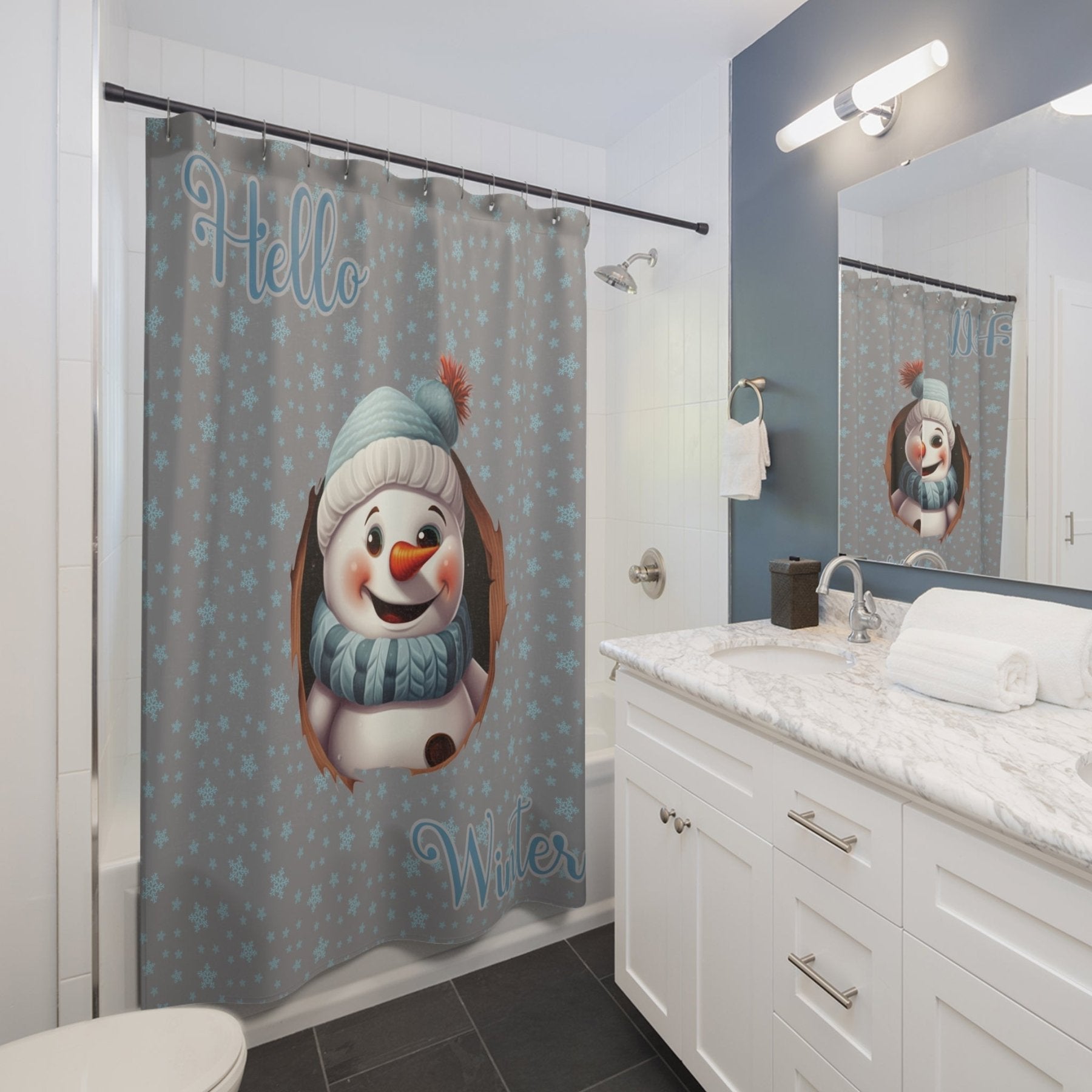 Shower Curtain, Snowman, Winter, Hello Winter, Gray, Snowman 1 - Janlyn's Crafts