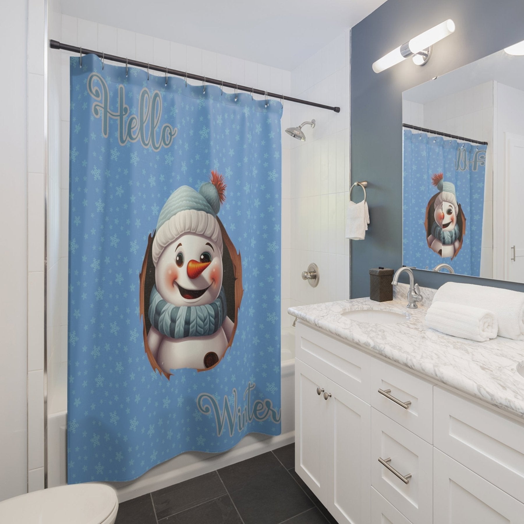 Shower Curtain, Snowman, Winter, Hello Winter, Light Blue, Snowman 1 - Janlyn's Crafts