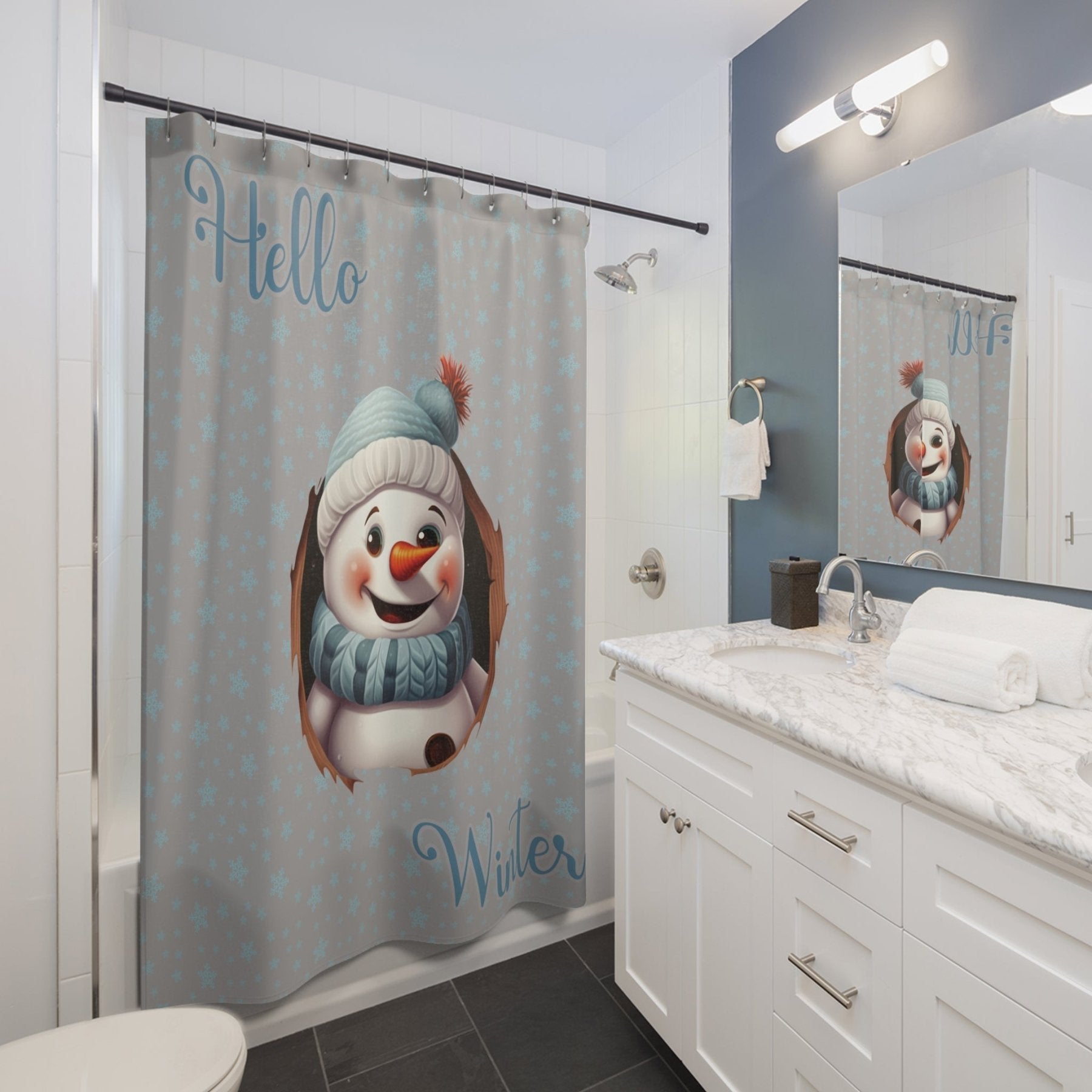 Shower Curtain, Snowman, Winter, Hello Winter, Light Gray, Snowman 1 - Janlyn's Crafts