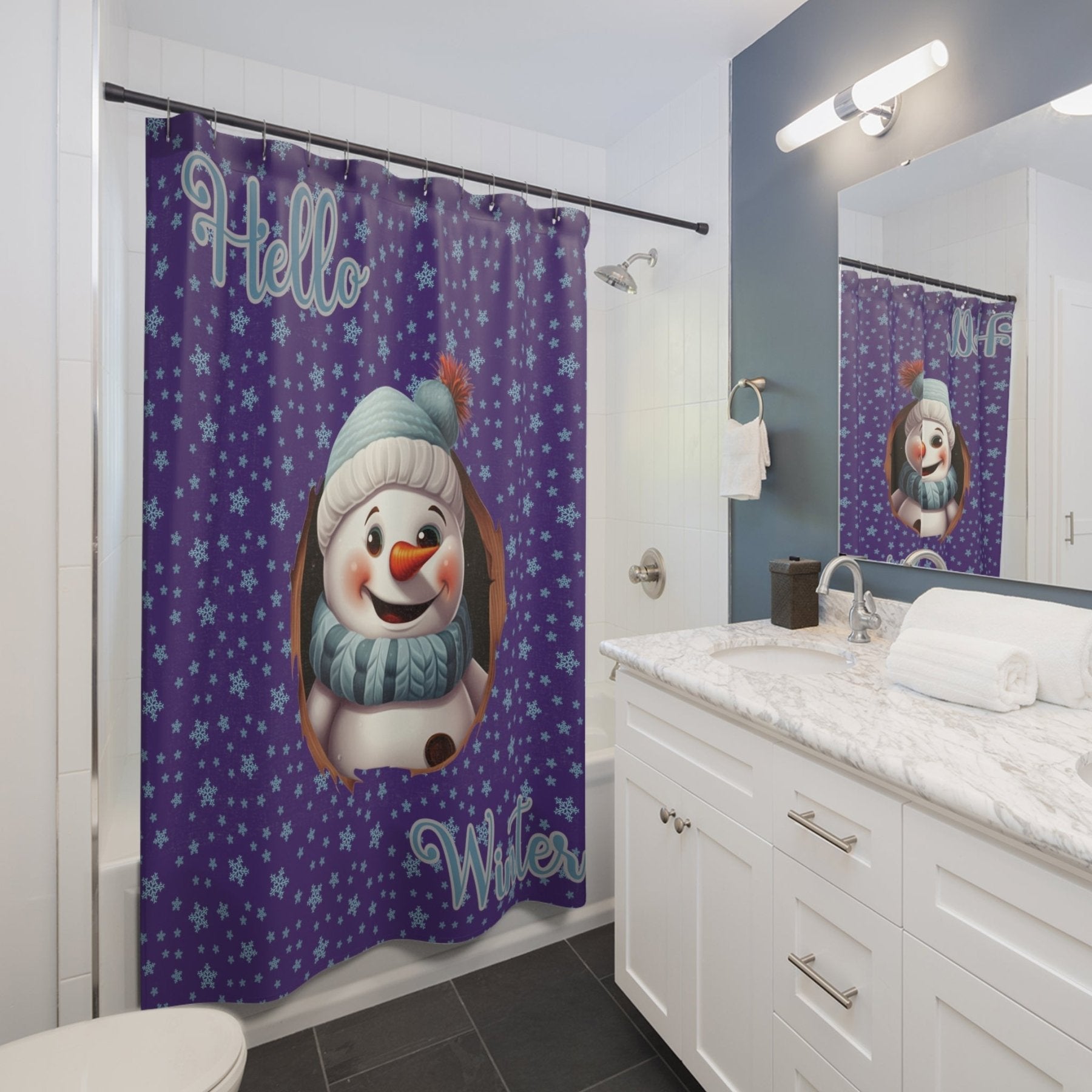 Shower Curtain, Snowman, Winter, Hello Winter, Purple, Snowman 1 - Janlyn's Crafts