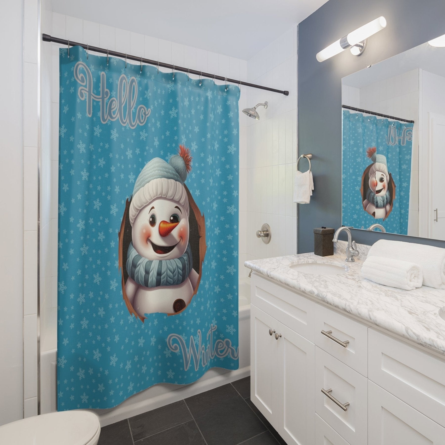 Shower Curtain, Snowman, Winter, Hello Winter, Turquoise, Snowman 1 - Janlyn's Crafts