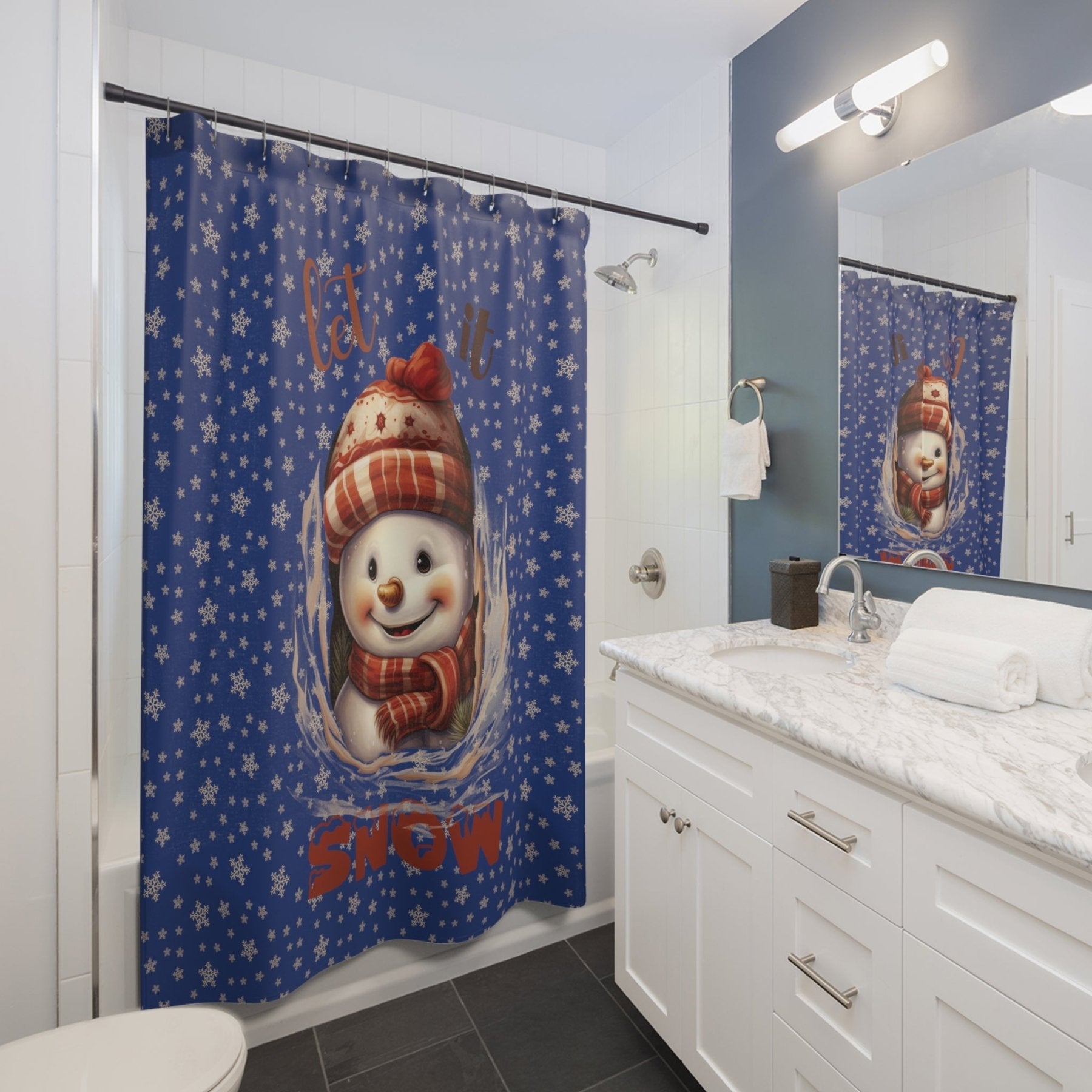 Shower Curtain, Snowman, Winter, Let it Snow, Dark Blue, Snowman 3 - Janlyn's Crafts