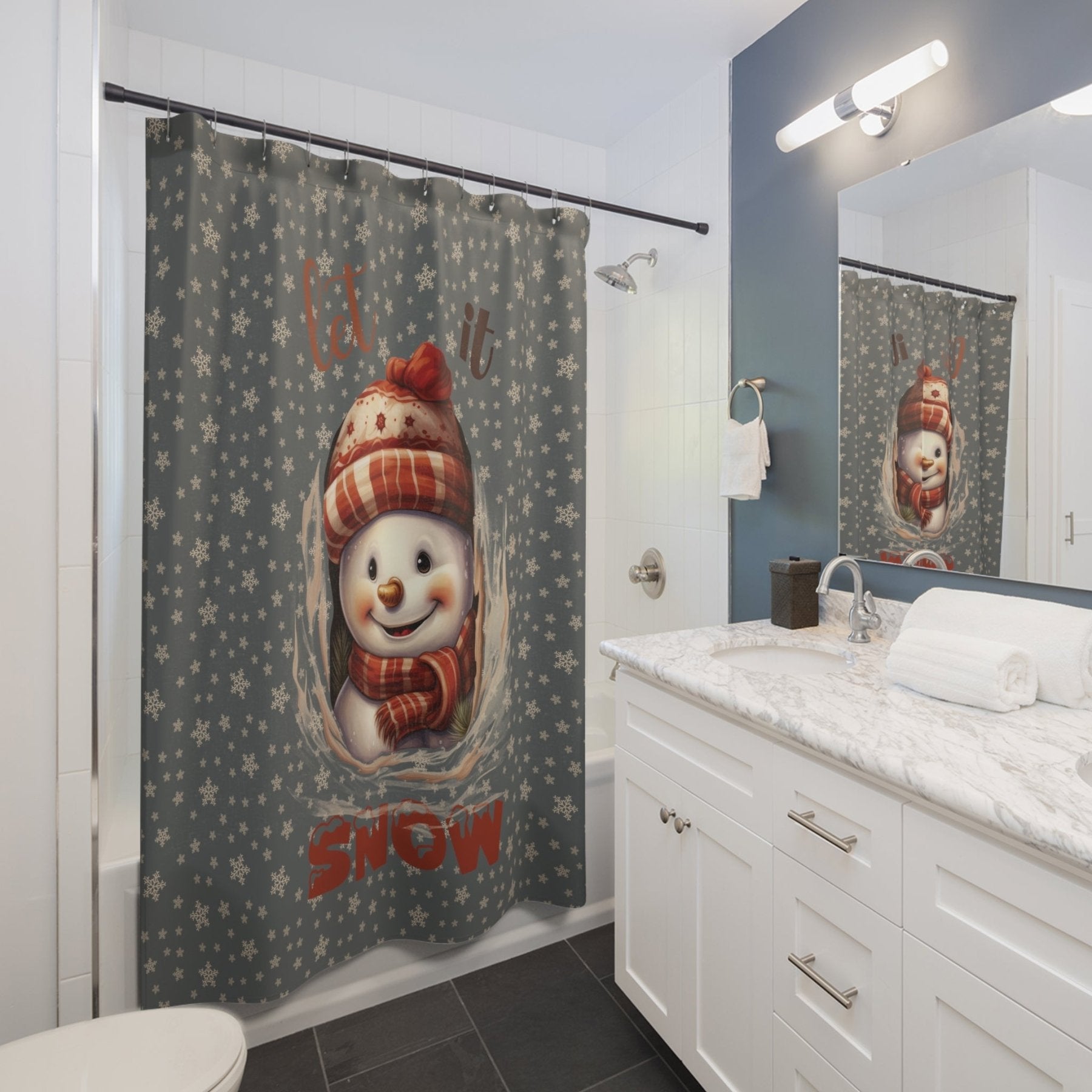 Shower Curtain, Snowman, Winter, Let it Snow, Dark Gray, Snowman 3 - Janlyn's Crafts